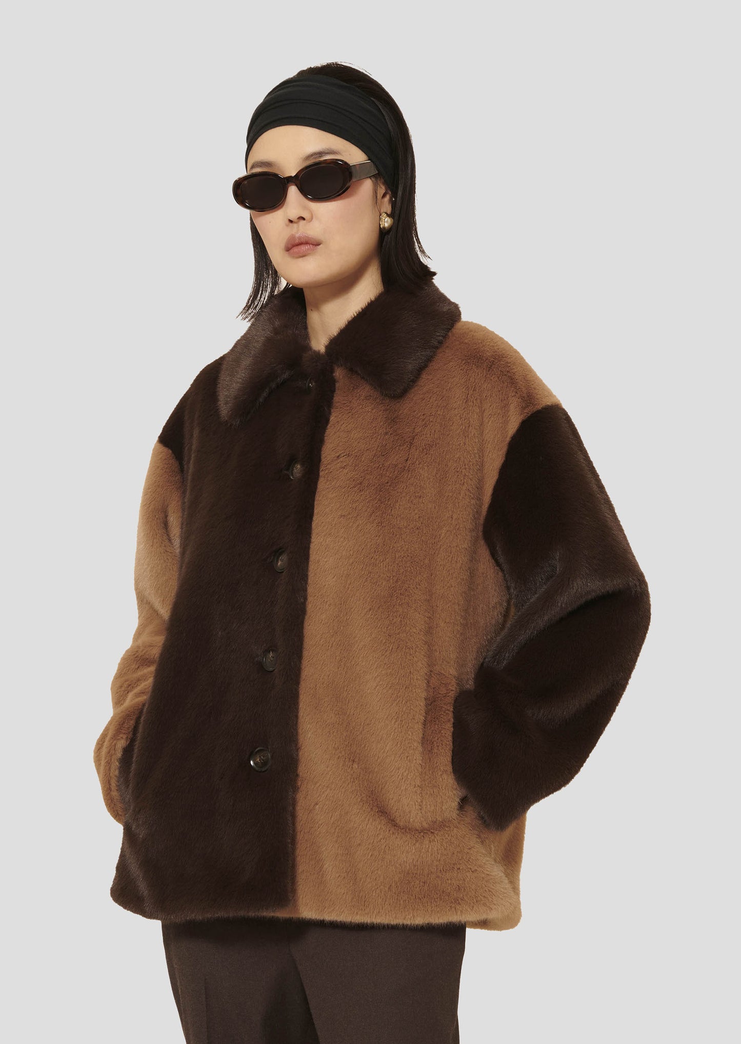Two-Tone Chocolate Faux Fur Coat with Shirt Collar and Button Front.