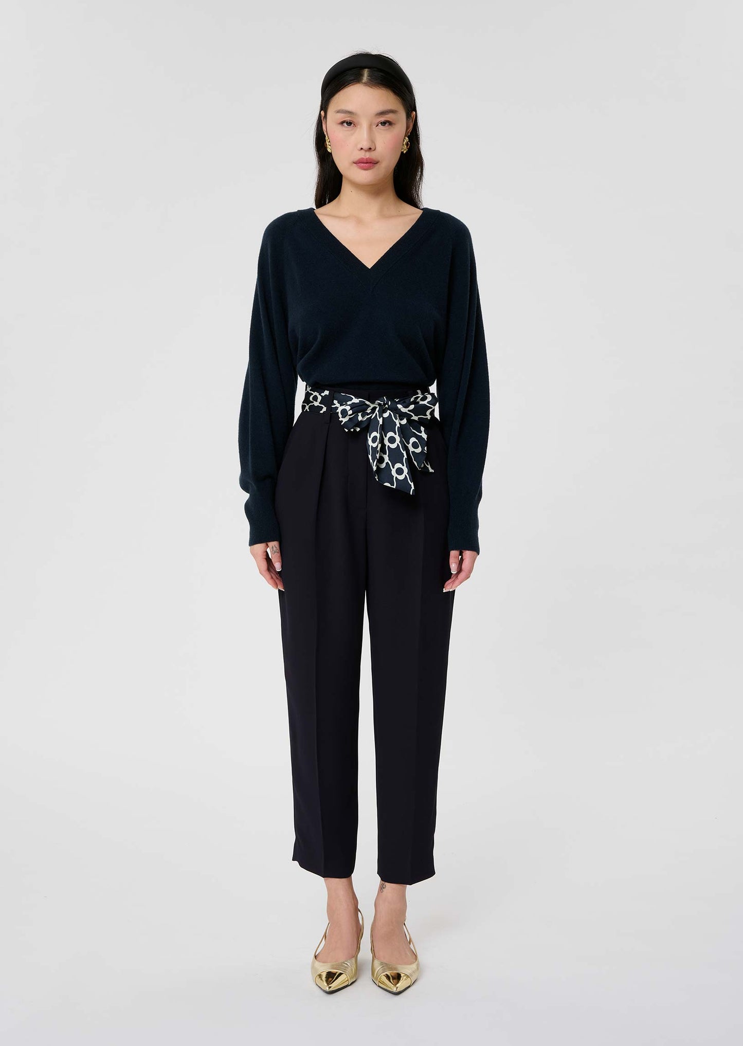 Midnight Blue Crepe Pants with Removable Belt and Side Pockets.