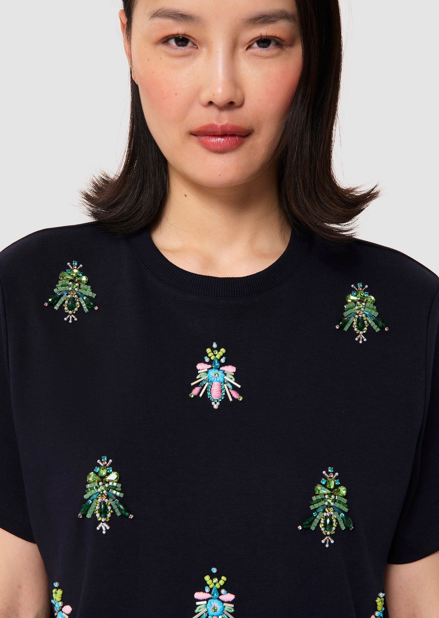 Tarabee midnight blue jersey T-shirt with pearl detail