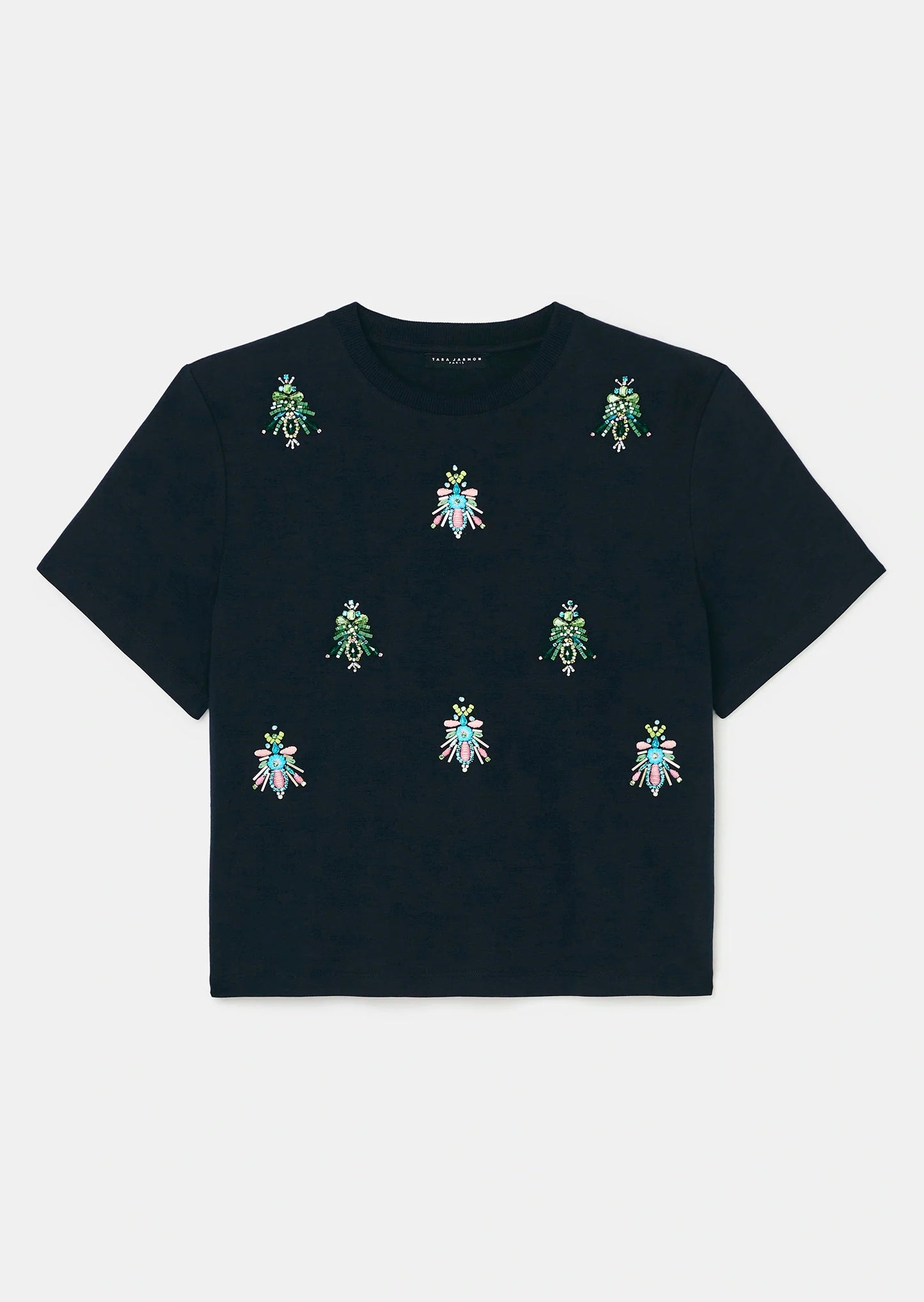 Tarabee midnight blue jersey T-shirt with pearl detail