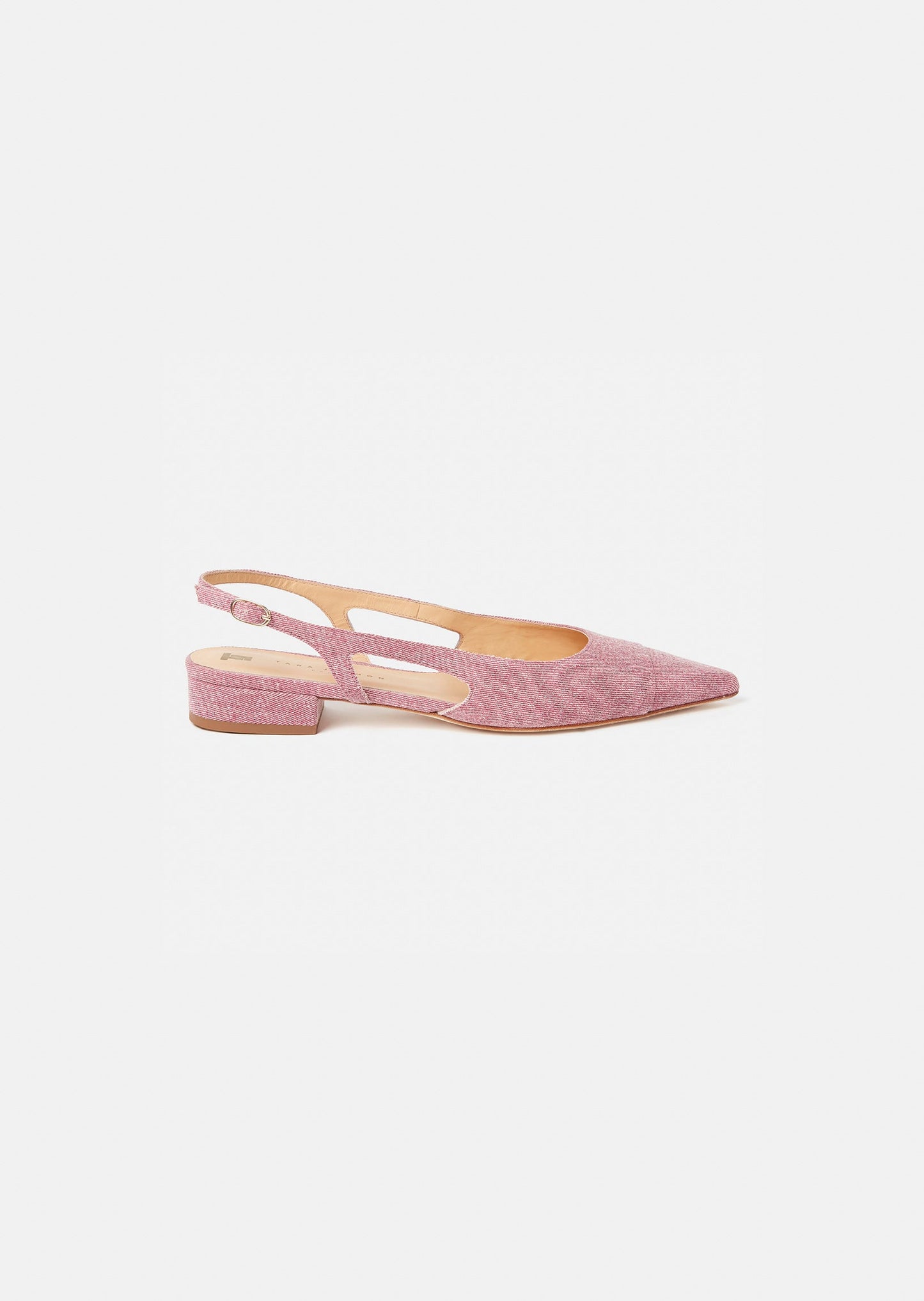 Pink denim pumps with pointed toe.