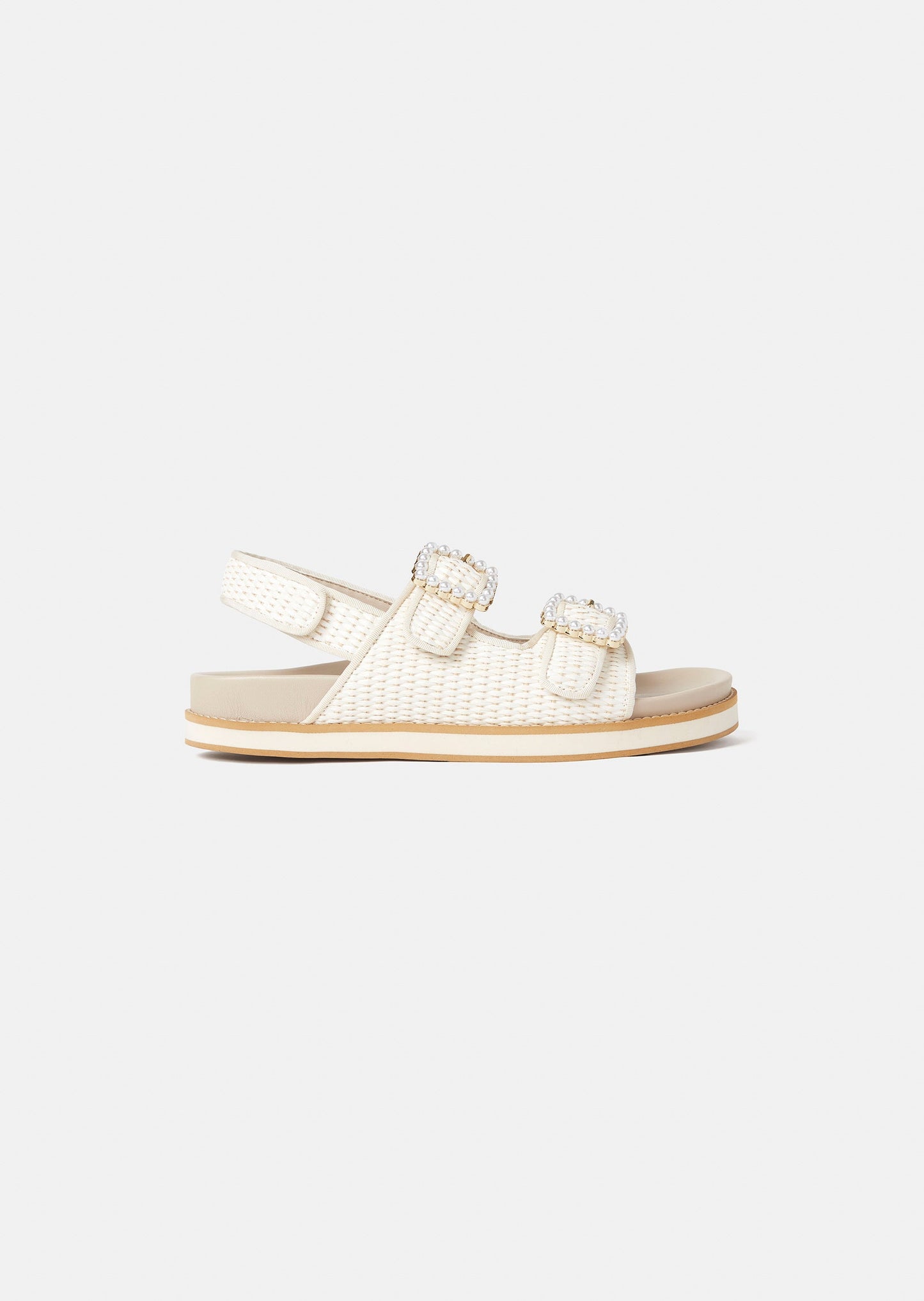 Ecru Raffia Flat Sandals with Beaded Straps and Velcro Closure.