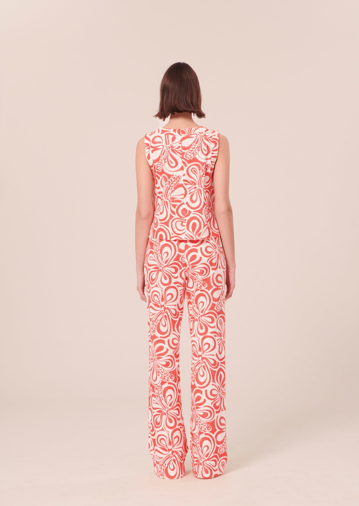 Ecru Cotton Pants with Coral Graphic Print and High Waist.