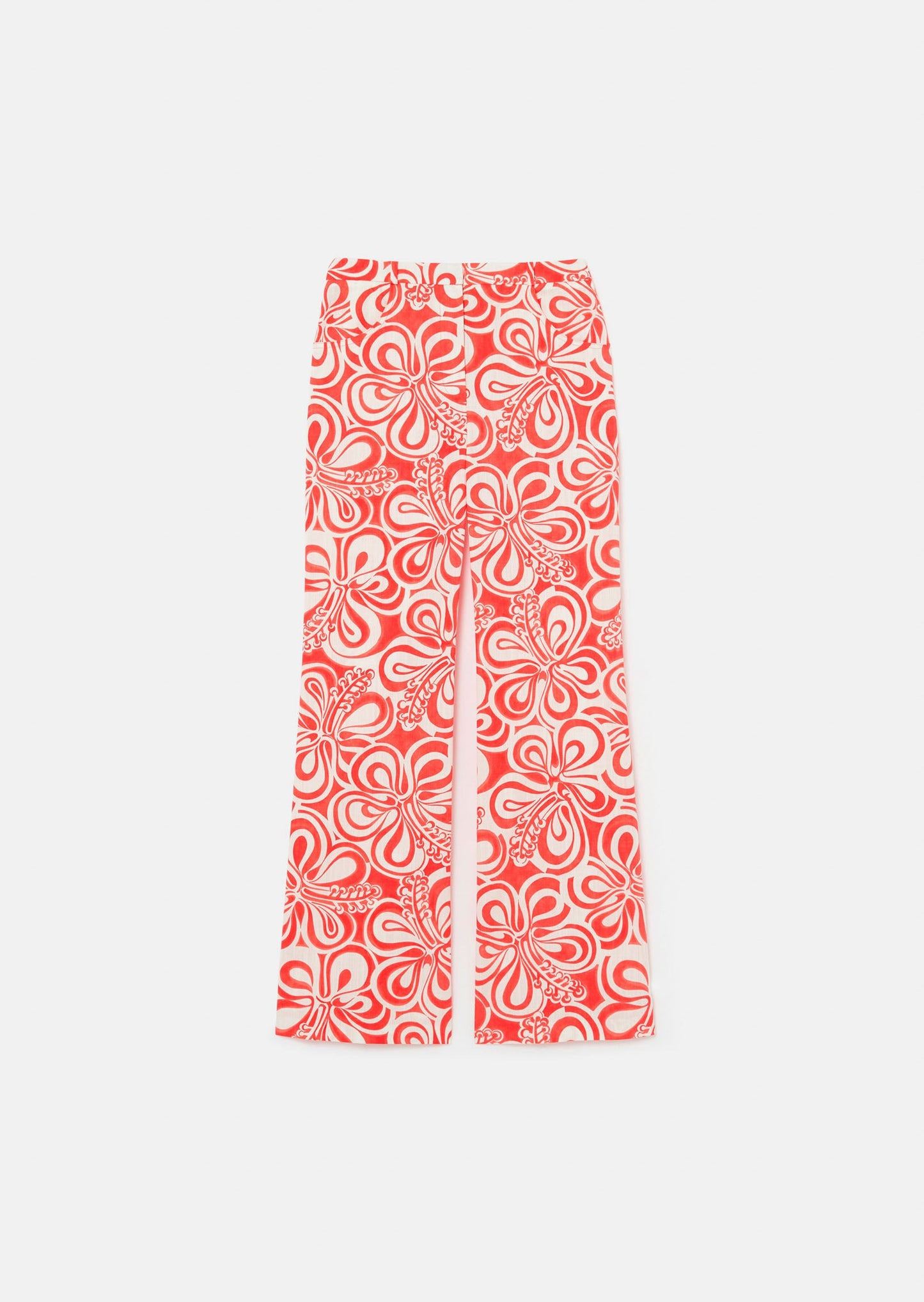 100% cotton pants with coral graphic print on an ecru background.