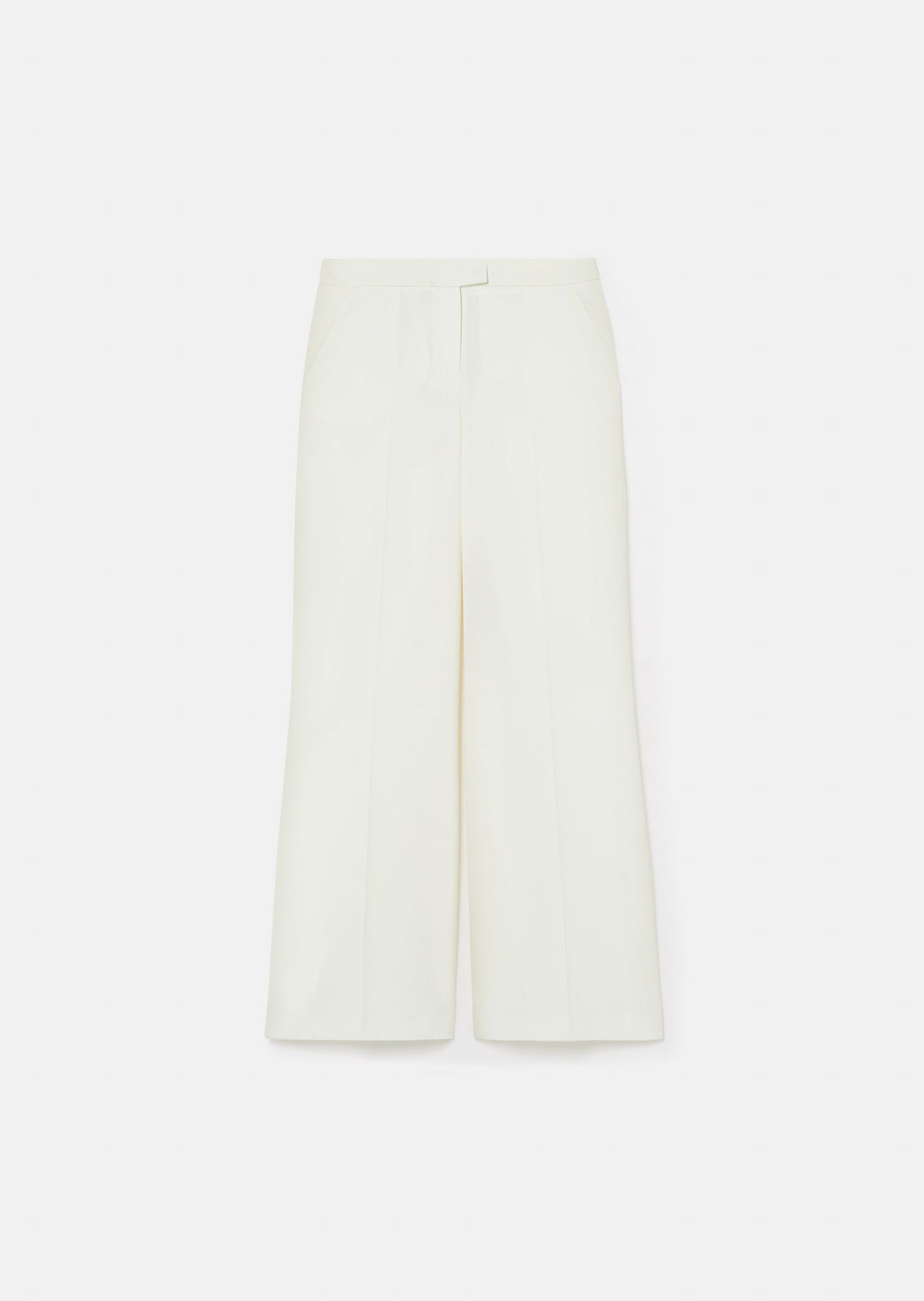 Off-white, wide leg pants with zip and hook closure at the front.