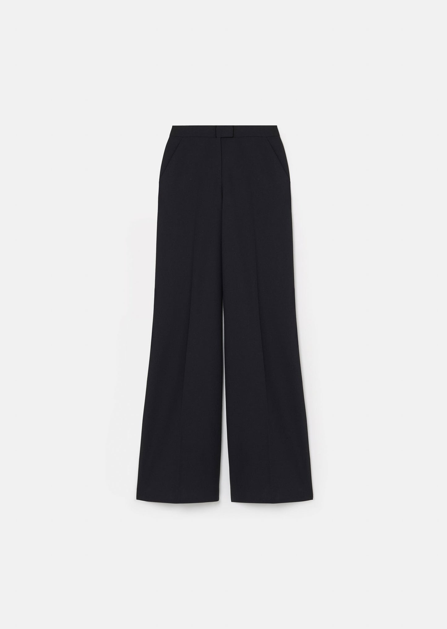 Black, wide leg pants with zip and hook closure at the front.
