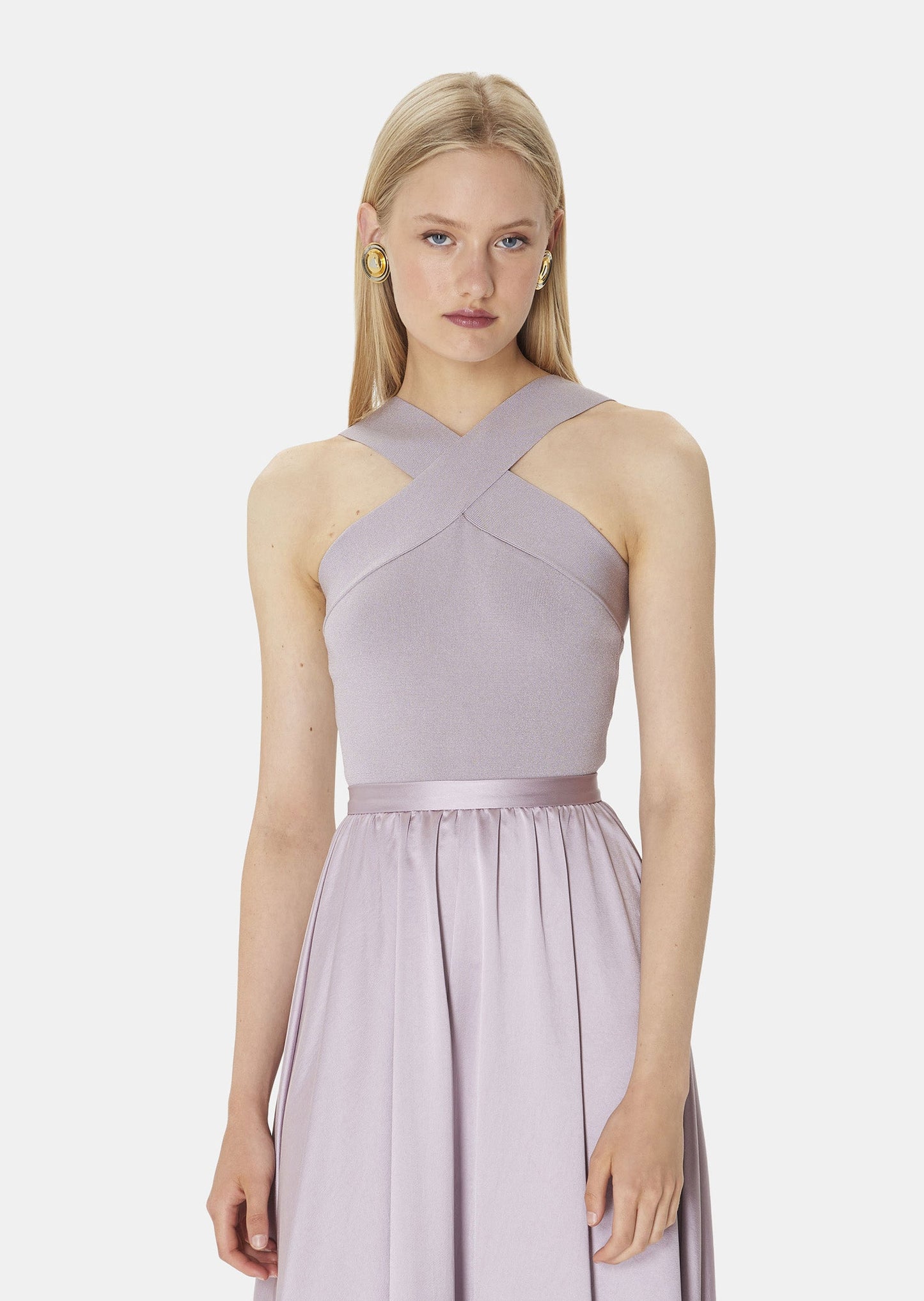 Mauve colored crop top that crosses at the front and back.