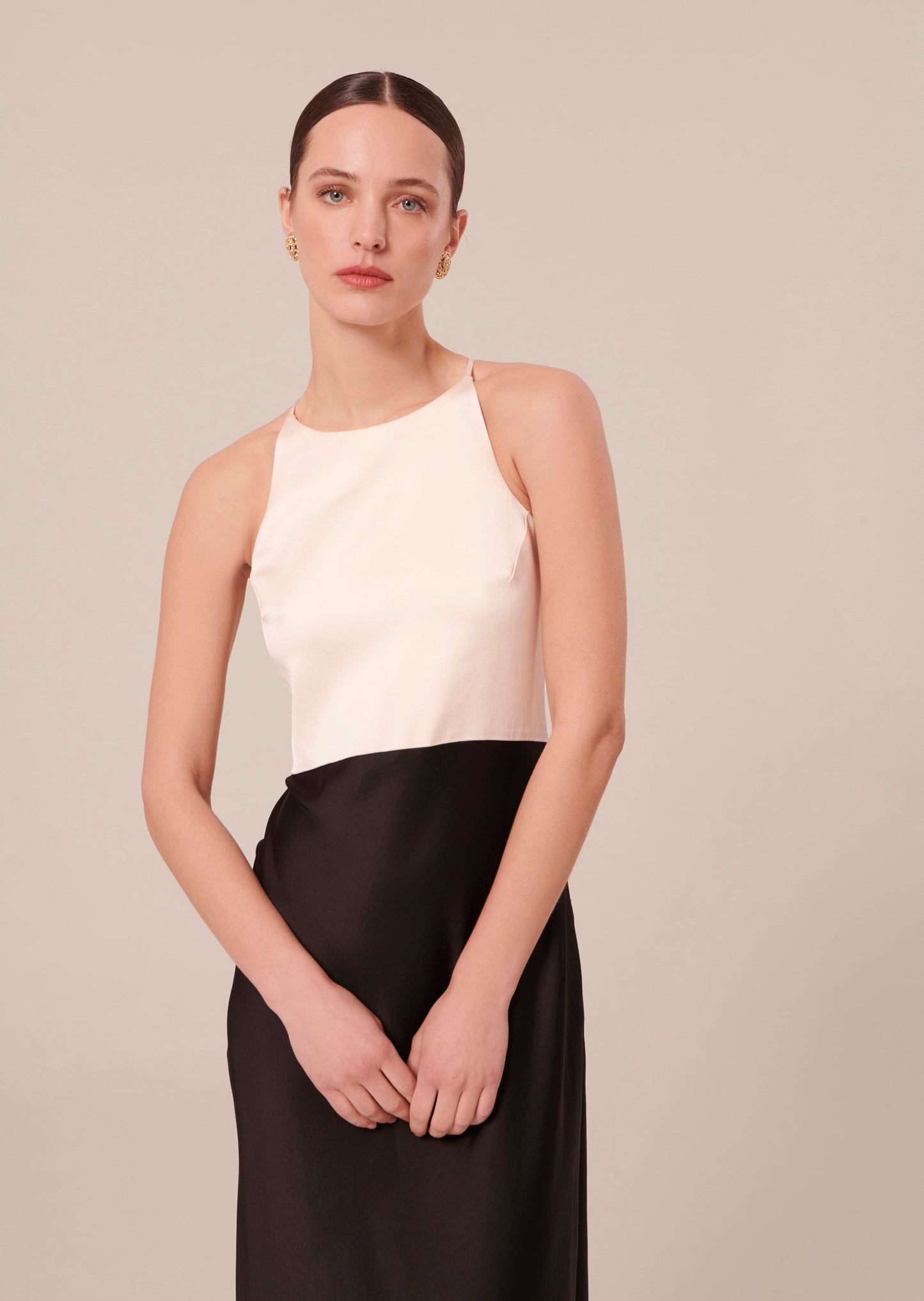 Simple long satin white and black dress.