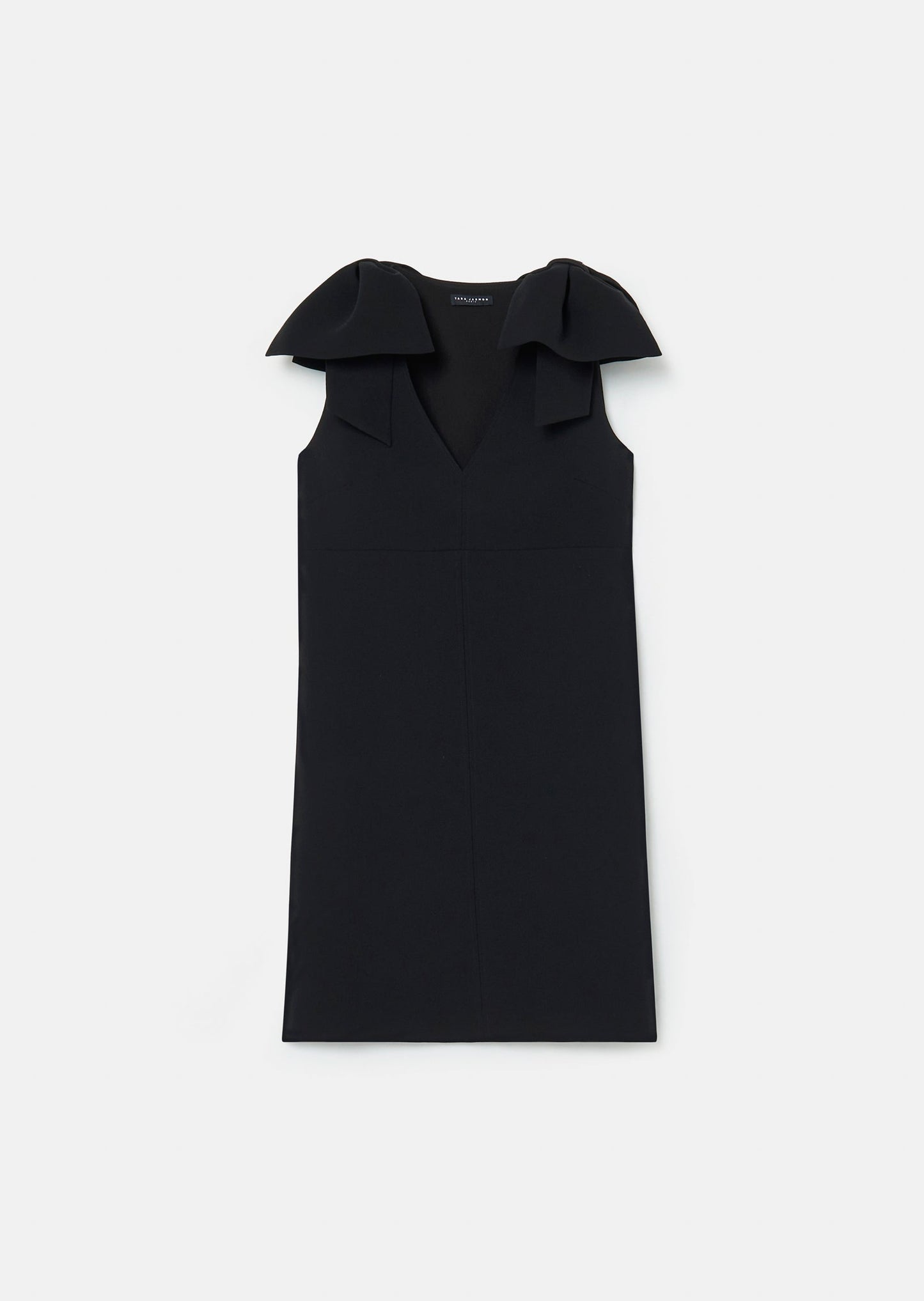 Wide V-neckline black short dress with bows on the shoulders.