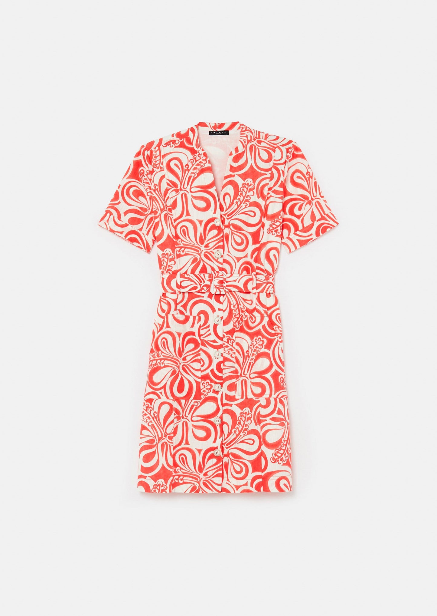 Casual ecru dress with coral floral print, v-neckline and buttoned front.
