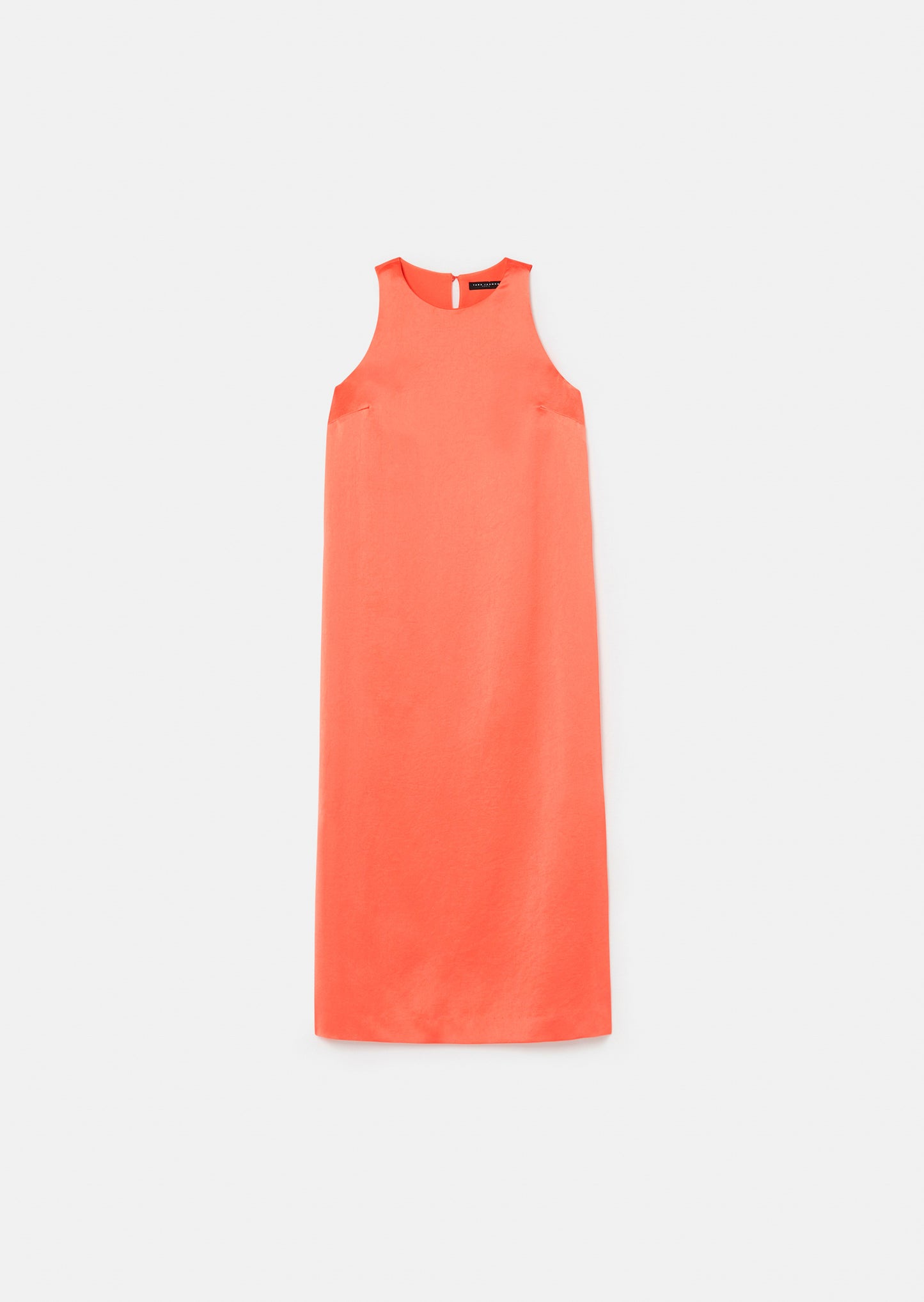 Sleeveless coral satin dress with side slit.