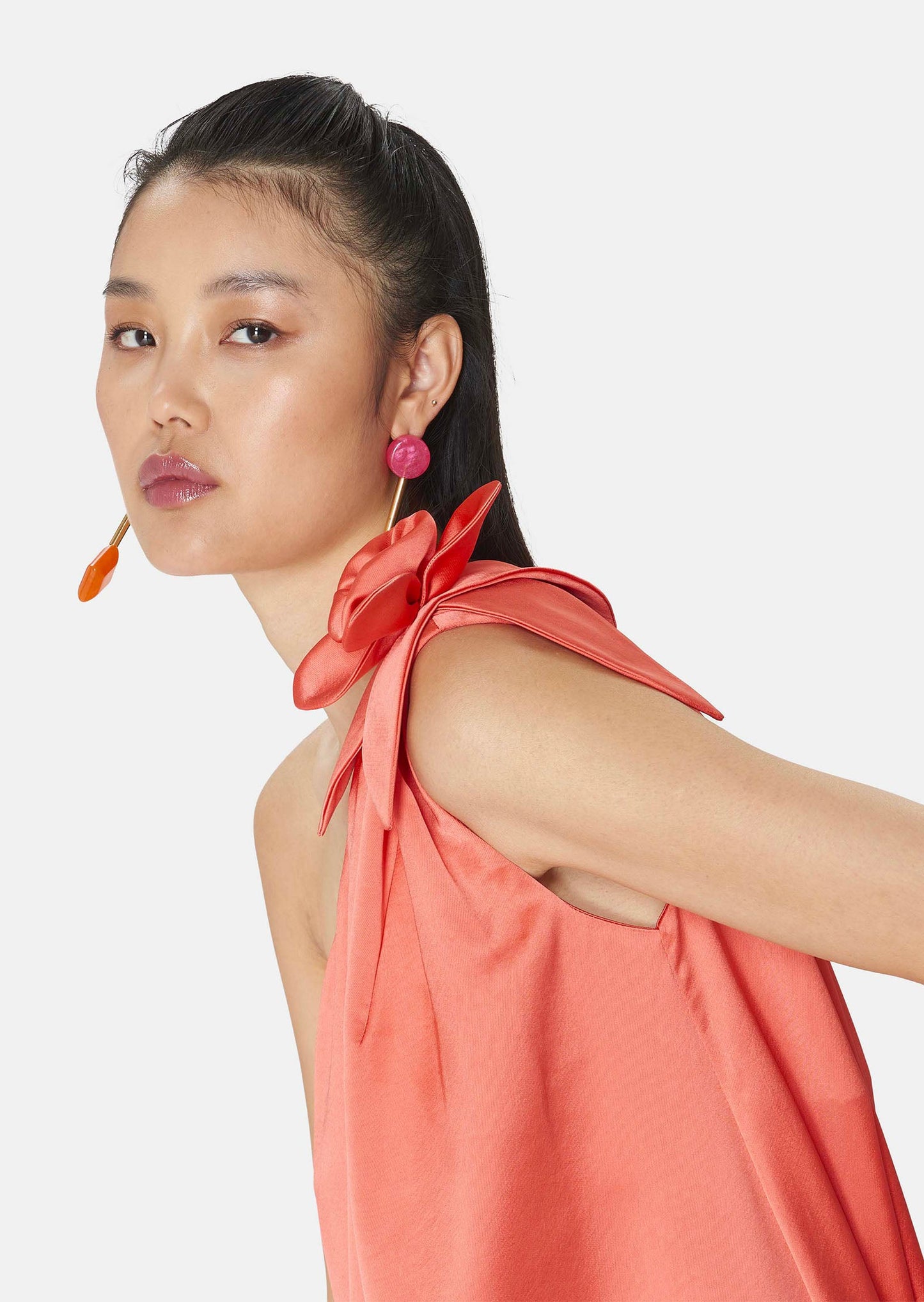 Long Coral Satin Dress with One-Shoulder Detail.