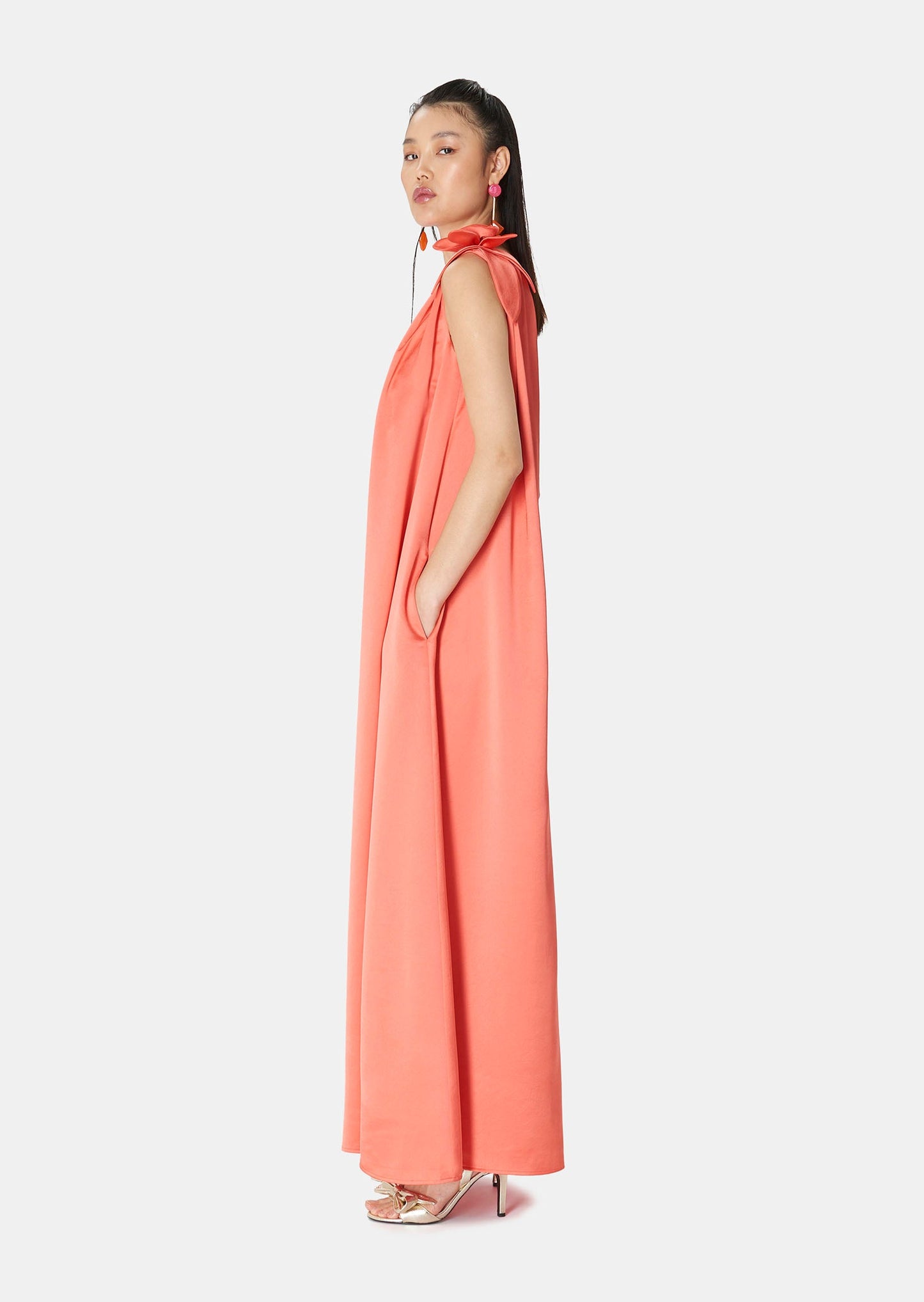 Flowing Satin Maxi Dress in Coral with Asymmetrical Neckline.