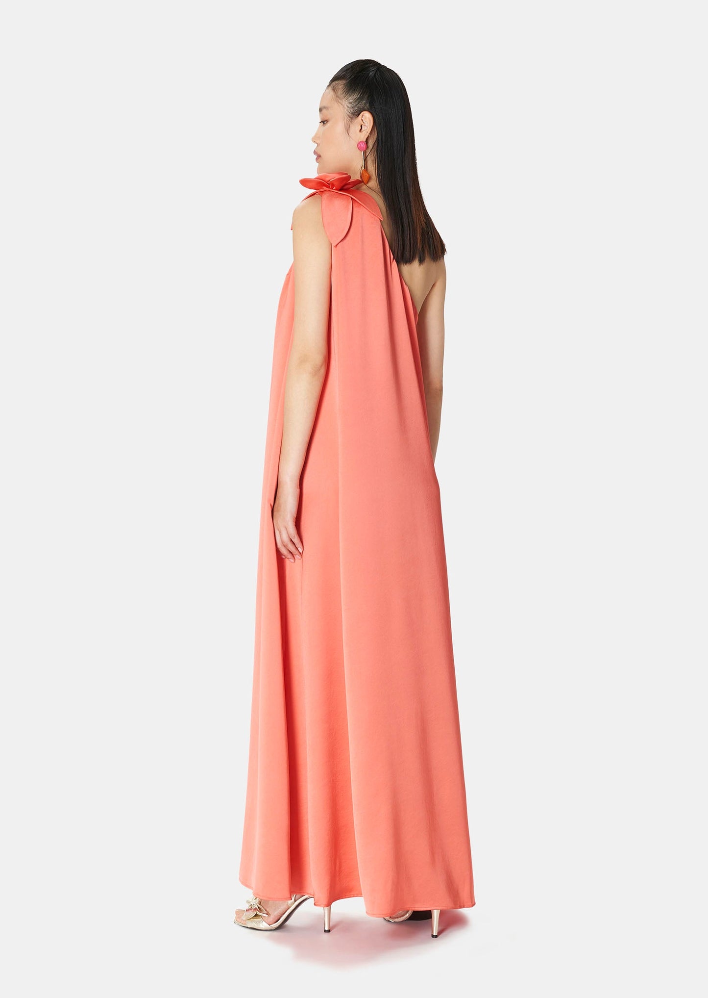 One Shoulder, Long Satin Coral Dress.