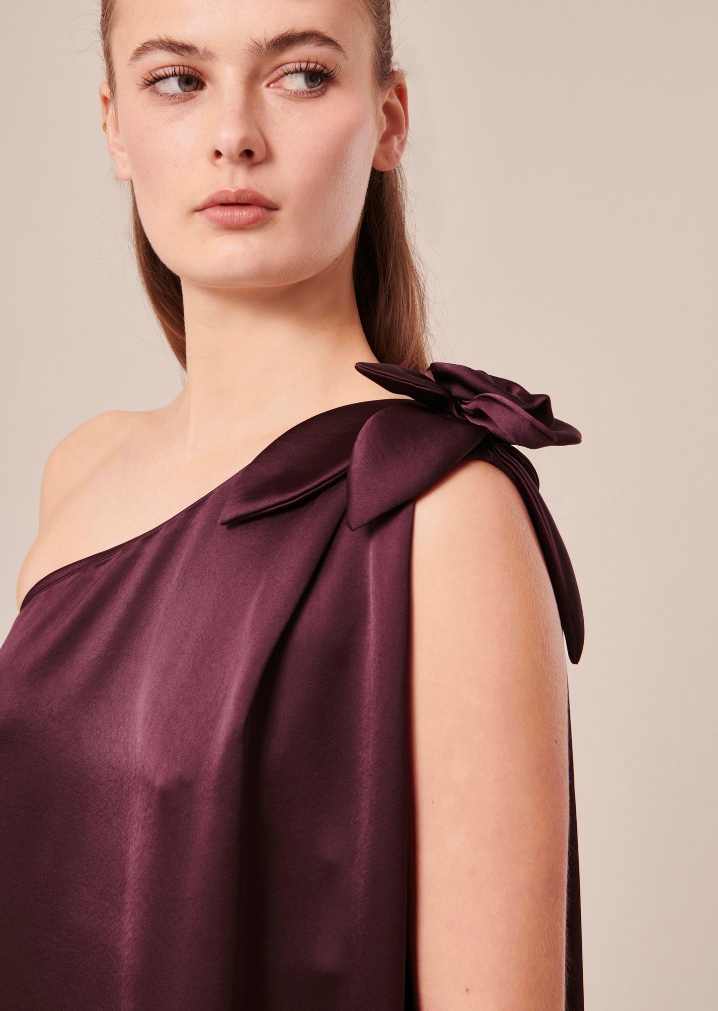 Long Chocolate Brown Satin Dress with One-Shoulder Detail.
