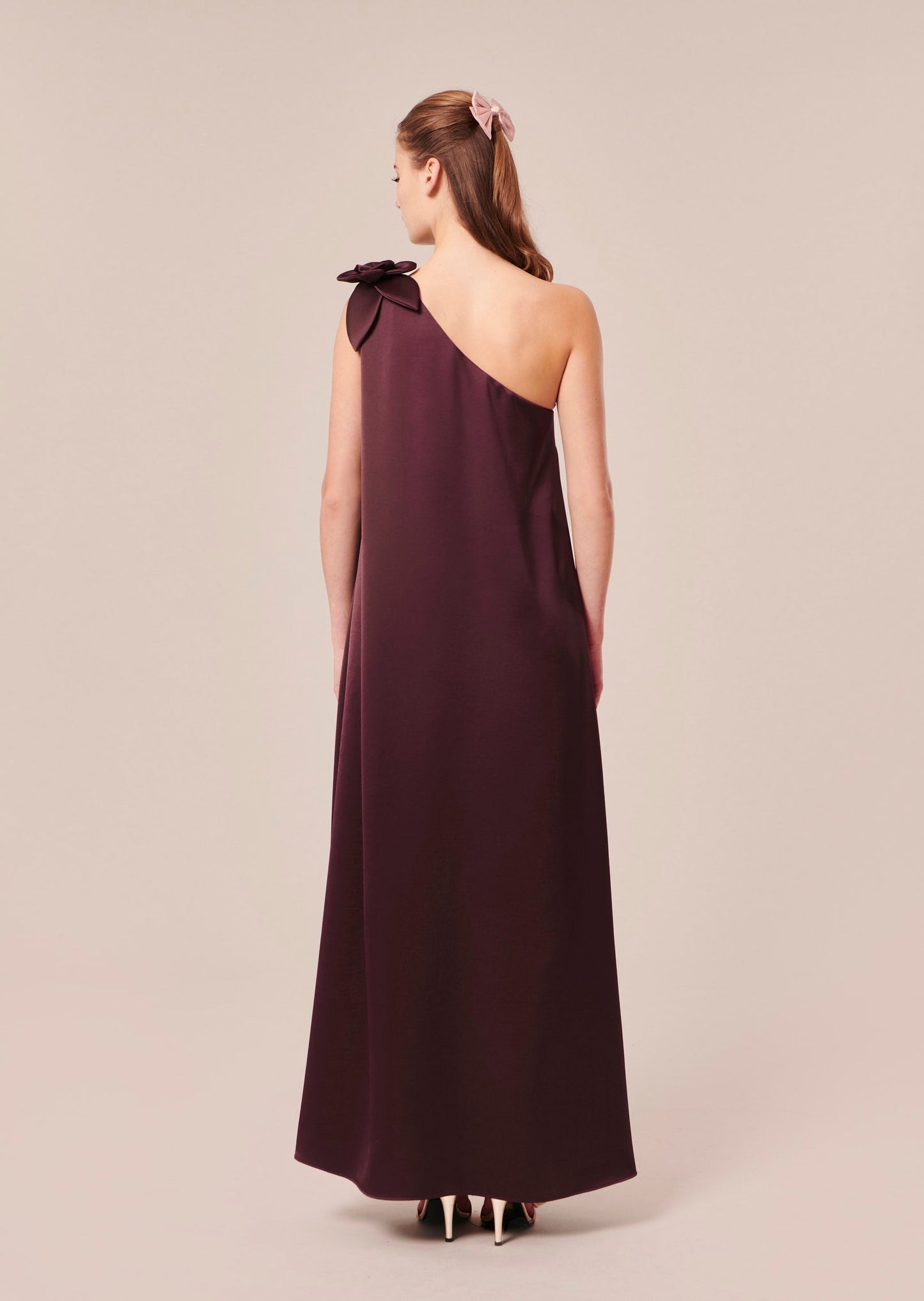 Flowing Satin Maxi Dress in Chocolate Brown with Asymmetrical Neckline.
