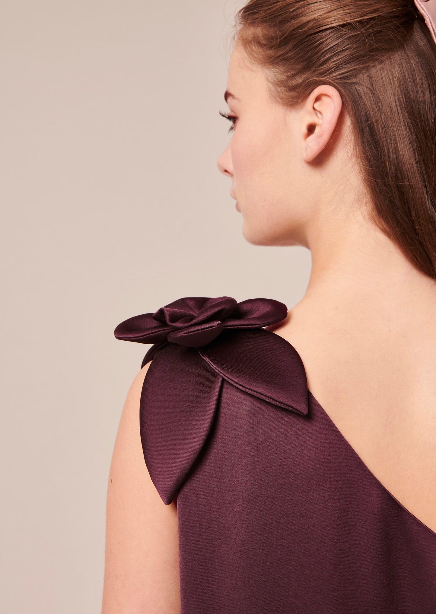 One Shoulder, Long Satin Chocolate Brown Dress.