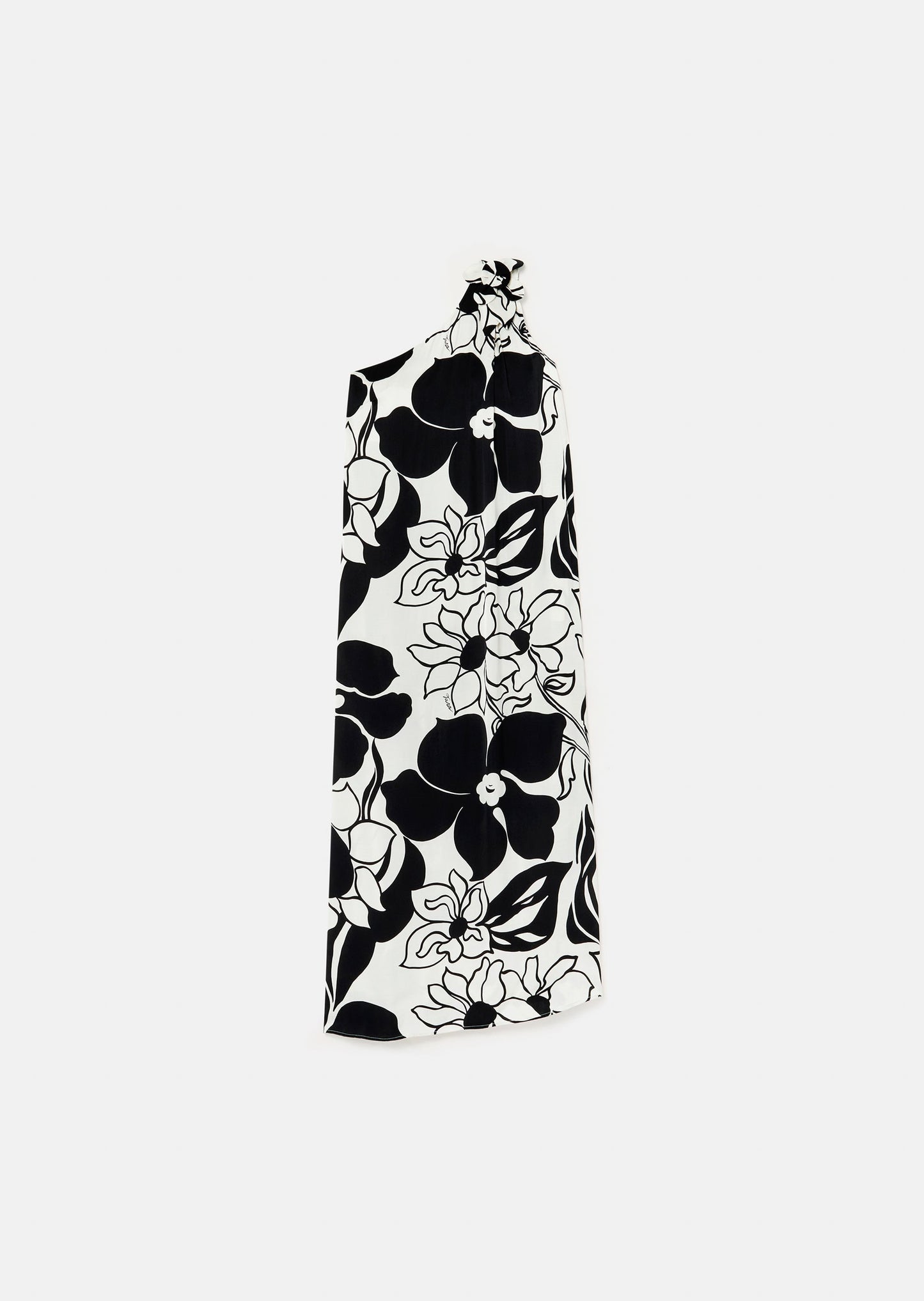 One shoulder asymmetrical ecru long dress with floral print.