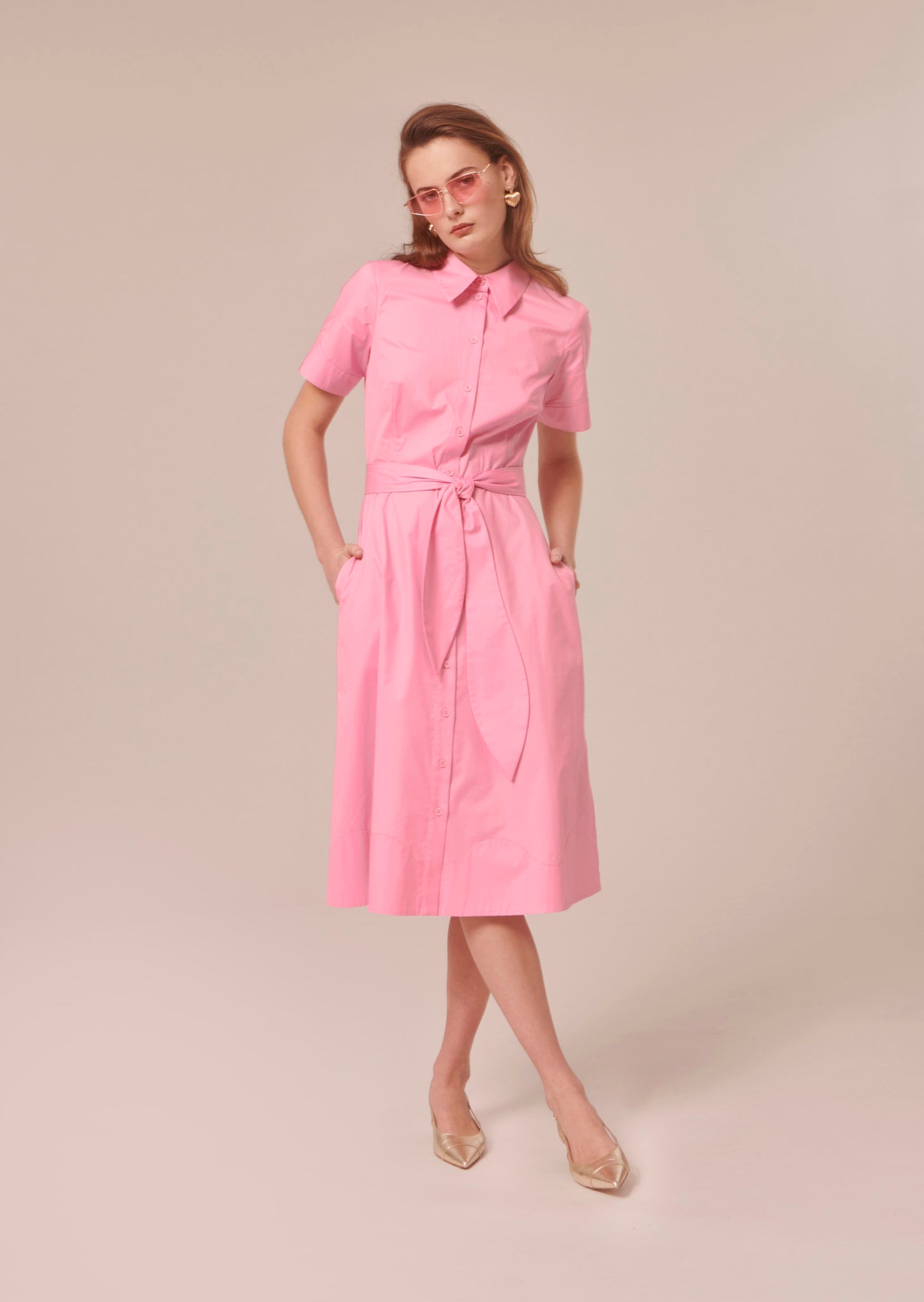 Cotton Pink Poplin Shirt Dress with Belt and Side Pockets.