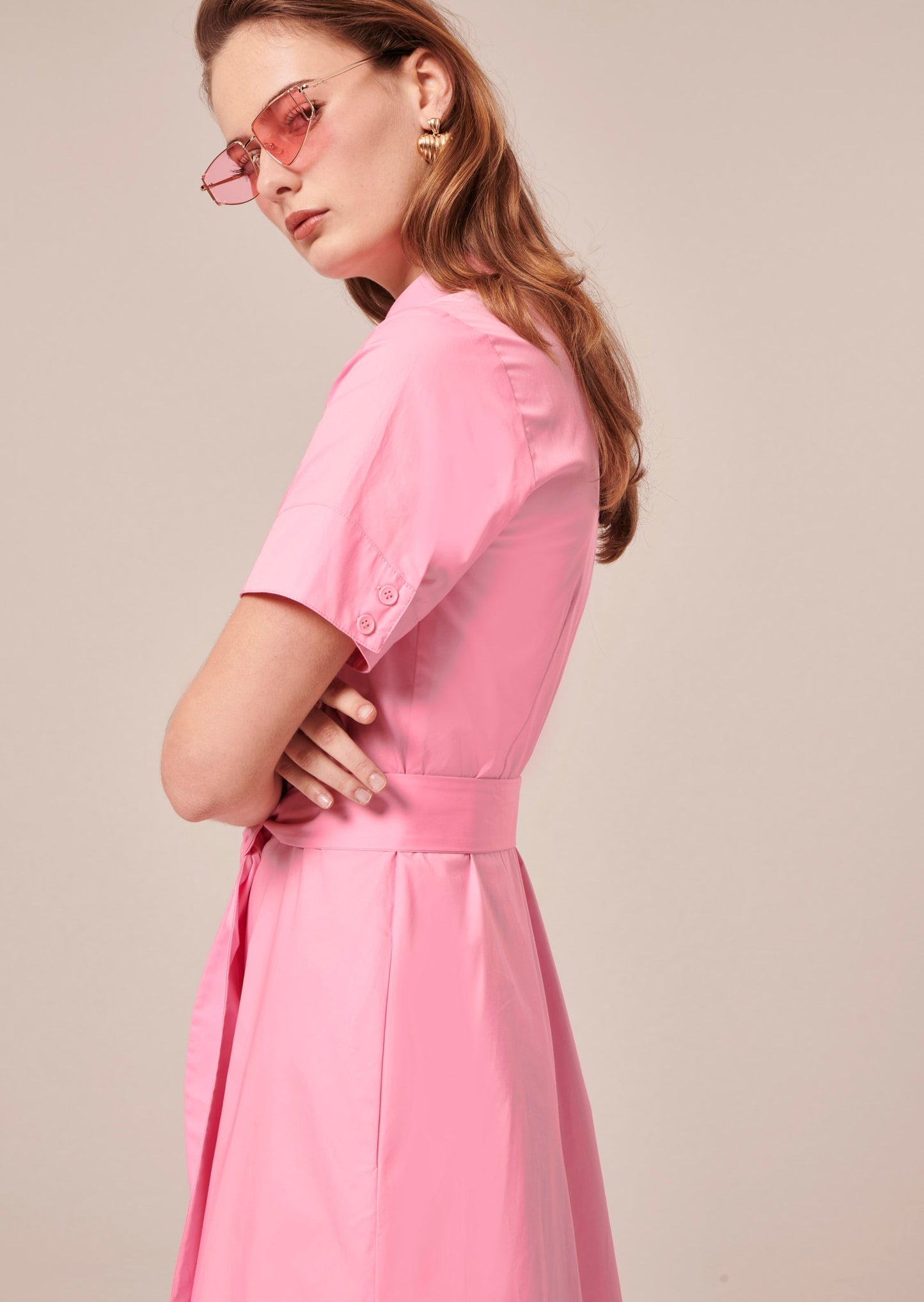 Comfortable Pink Dress with Shirt Collar and Removable Belt.