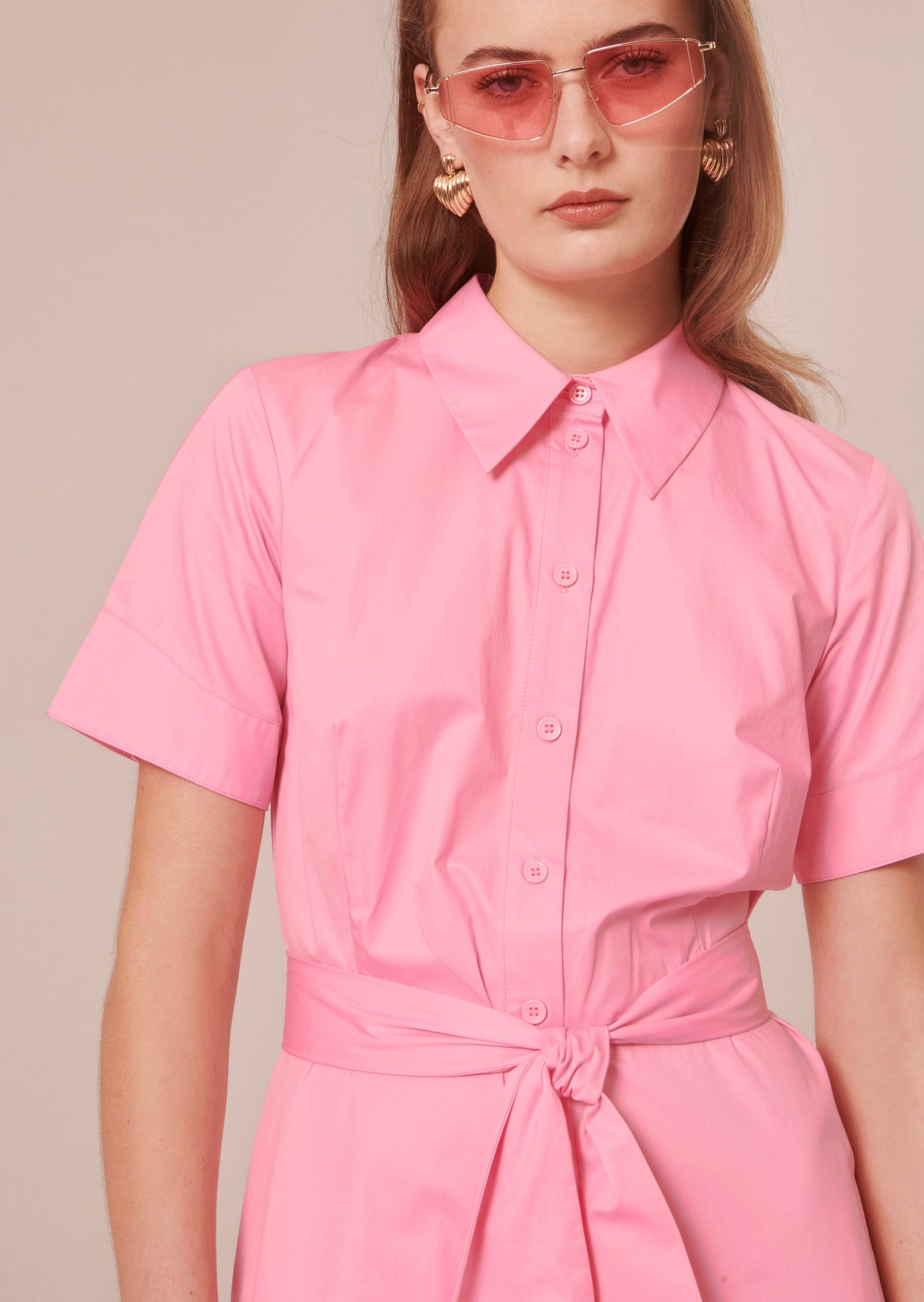 Casual Pink Dress with Short Sleeves and Shirt Collar.