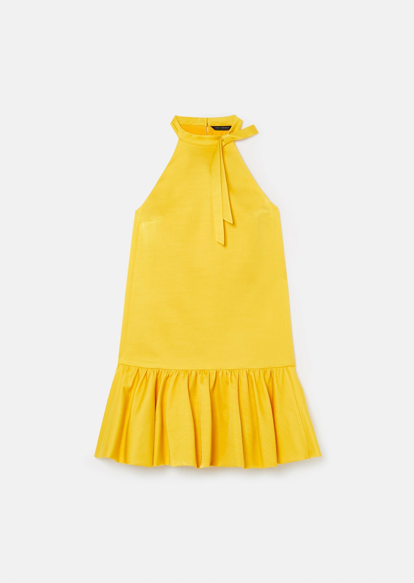 Sleeveless yellow satin dress, with round neckline and bow detail.