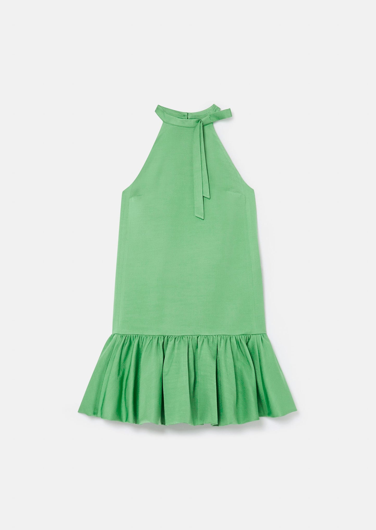 Sleeveless green satin dress, with round neckline and bow detail.