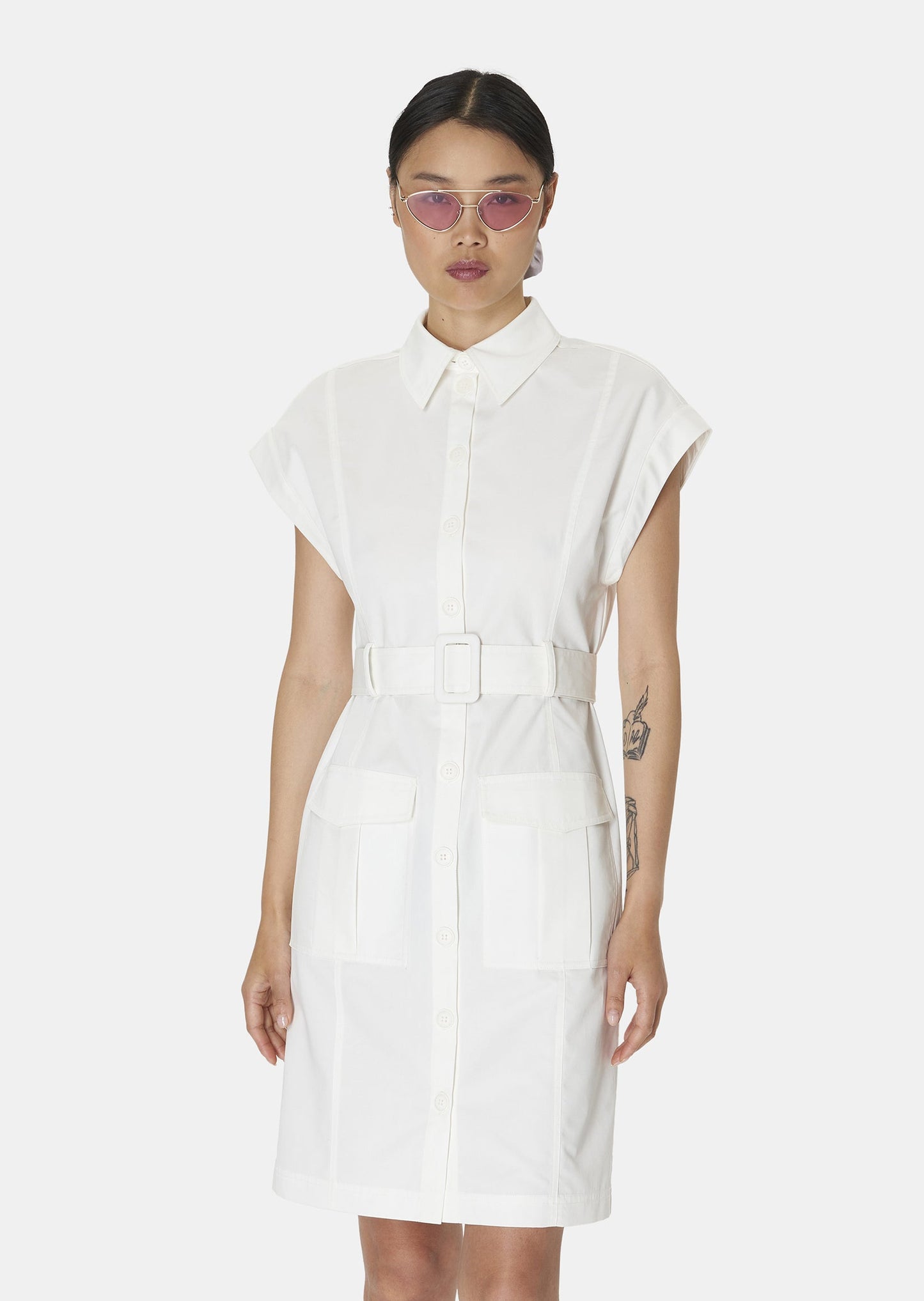 Model wearing Tara Jarmon White Cotton Shirt Dress with Belt and Flap Pockets.