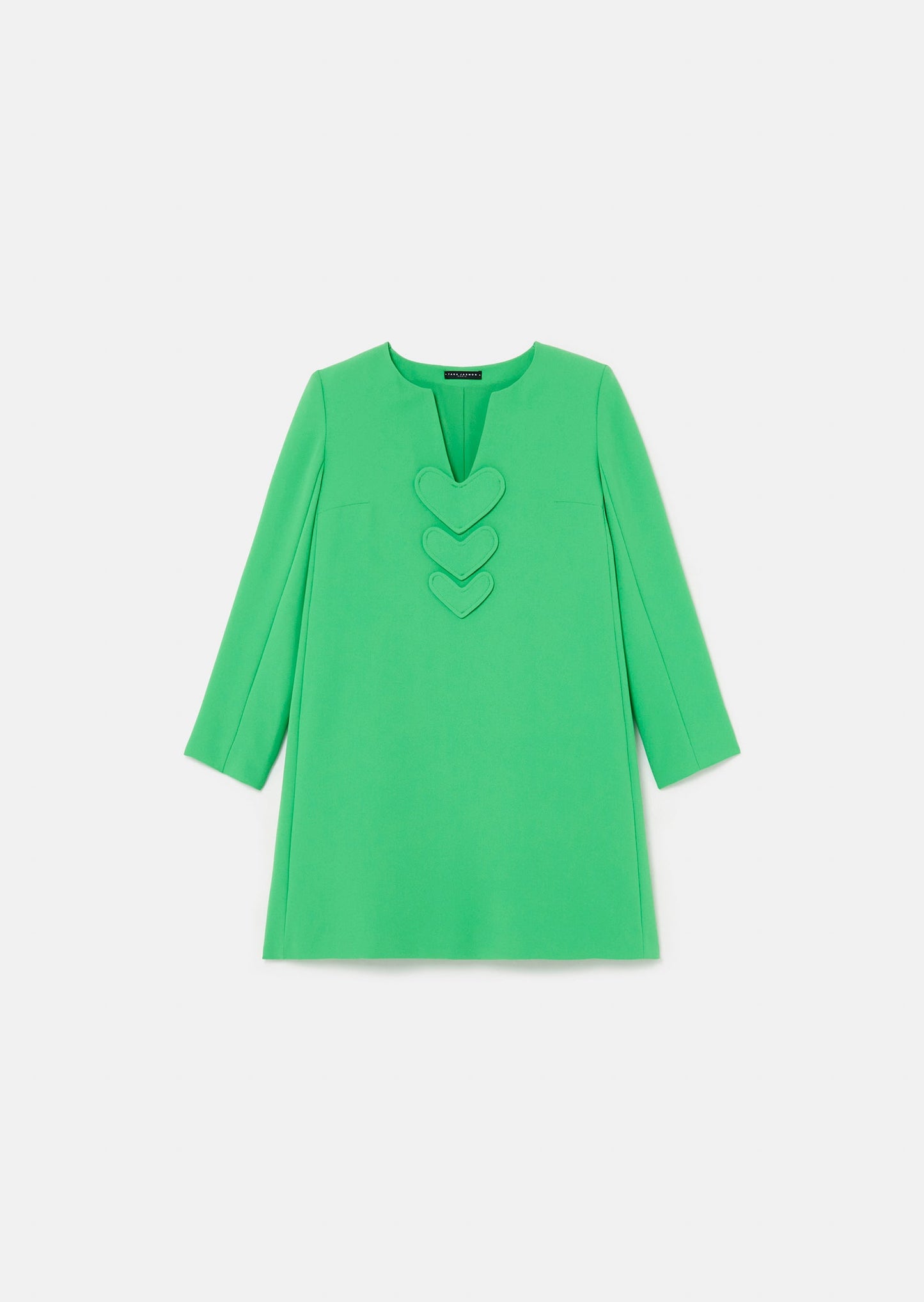 Elegant Green Dress with Heart-Shaped Embellishments and Buttoned Cuffs.