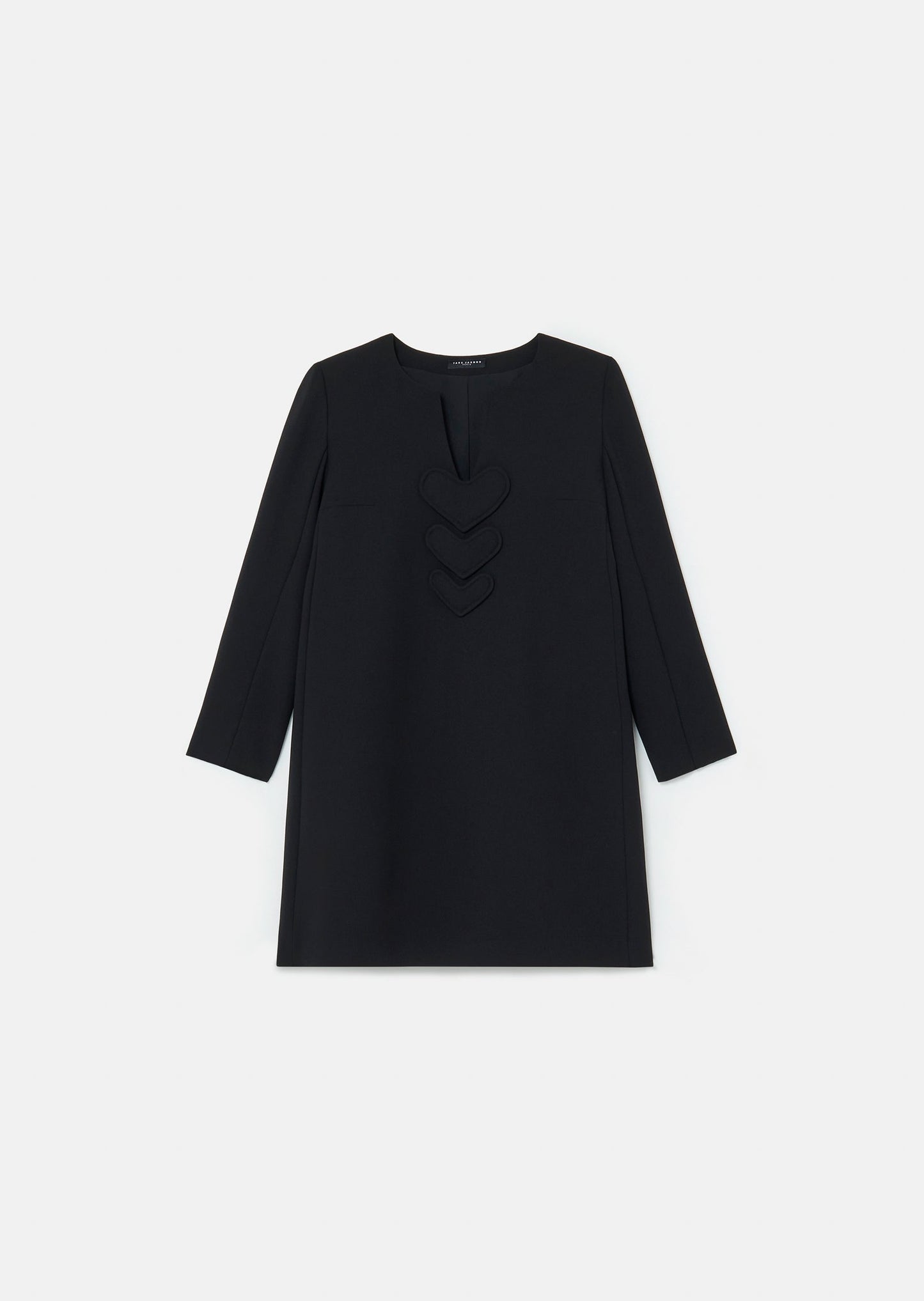 Elegant Black Dress with Heart-Shaped Embellishments and Buttoned Cuffs.