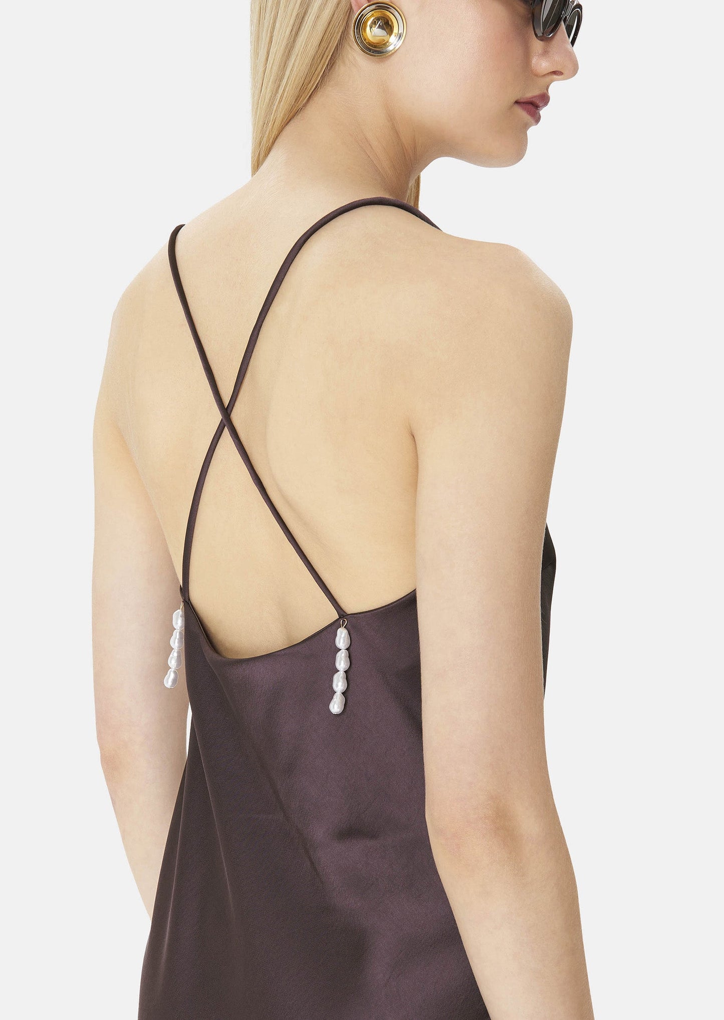 Backless Satin Dress in Chocolate Brown with Pearl Accents.
