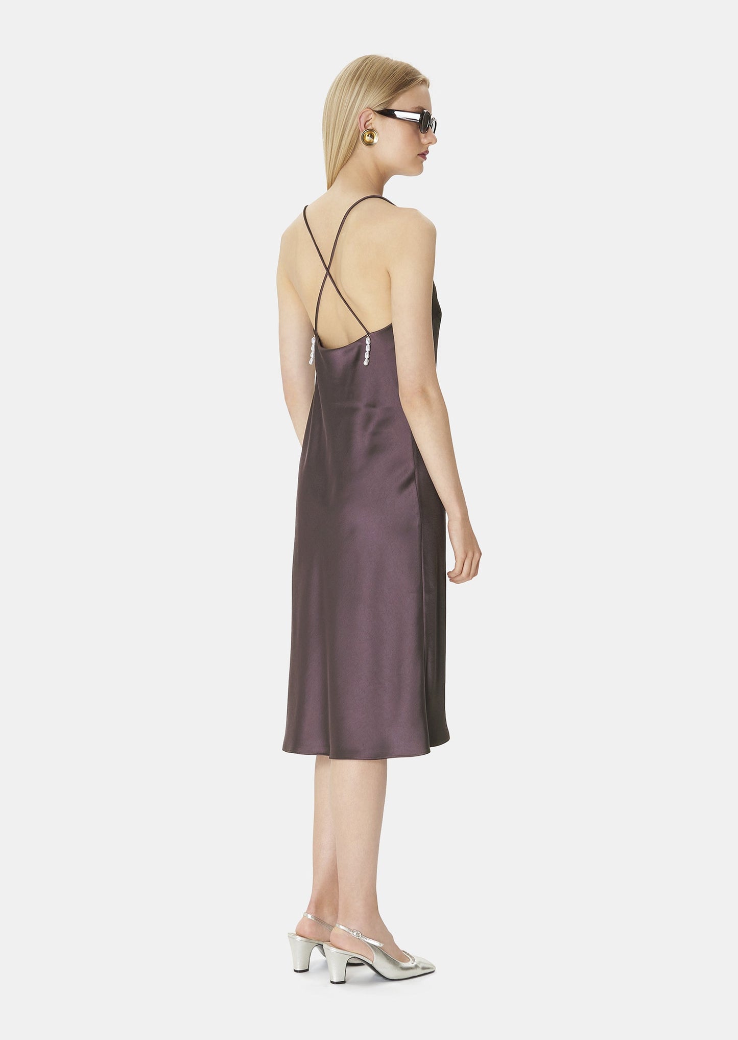 Elegant Chocolate Brown Satin Dress with Strappy Back and Flowing Silhouette.