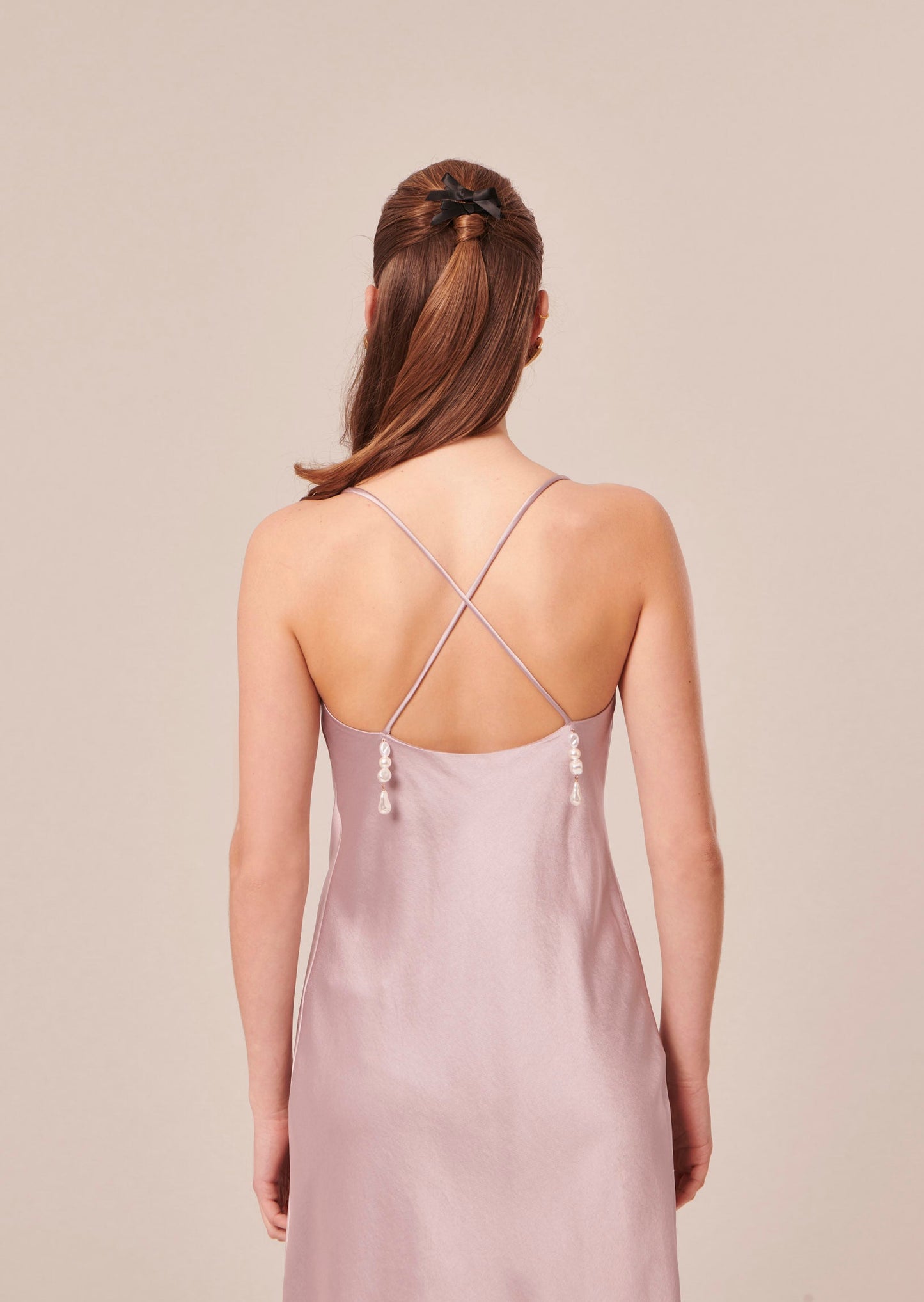 Light Purple flowing satin dress.