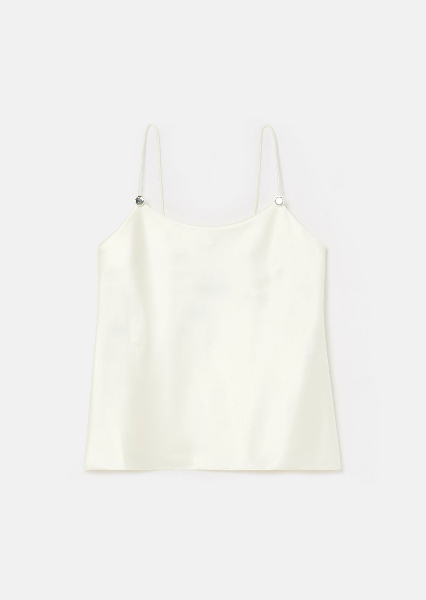 Off-white flowing satin tank top with thin straps.