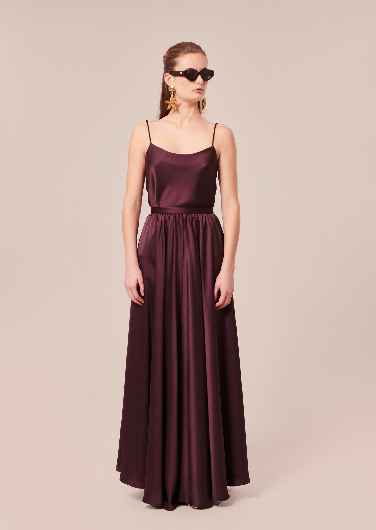 Elegant Satin Chocolate Brown Tank Top with Strappy Back and Side Slit.