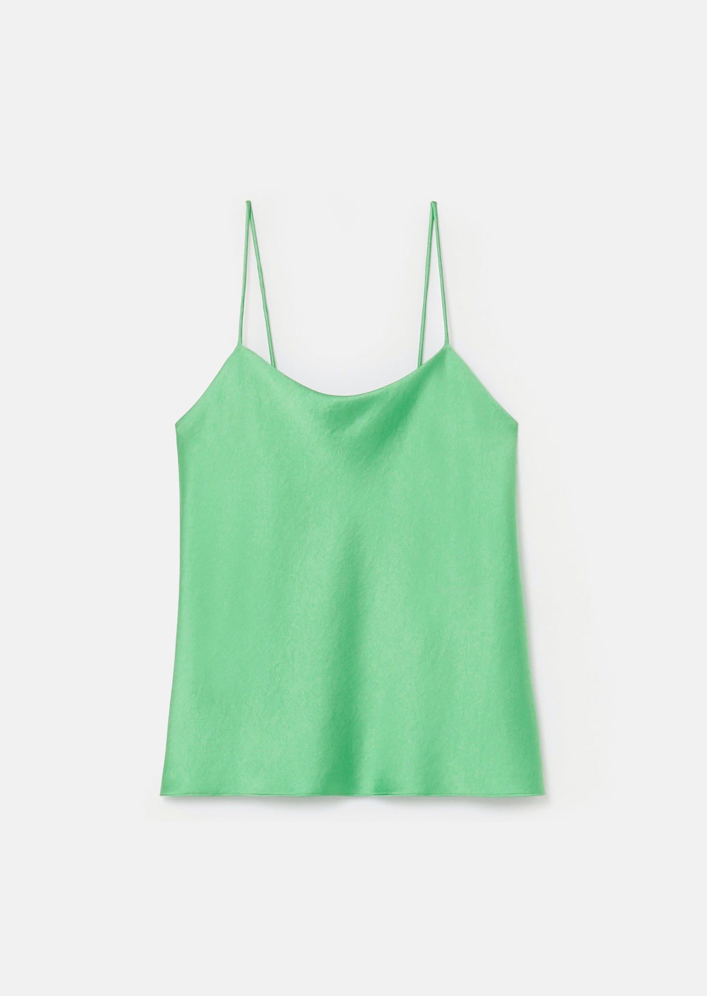 Green flowing satin tank top with thin straps.