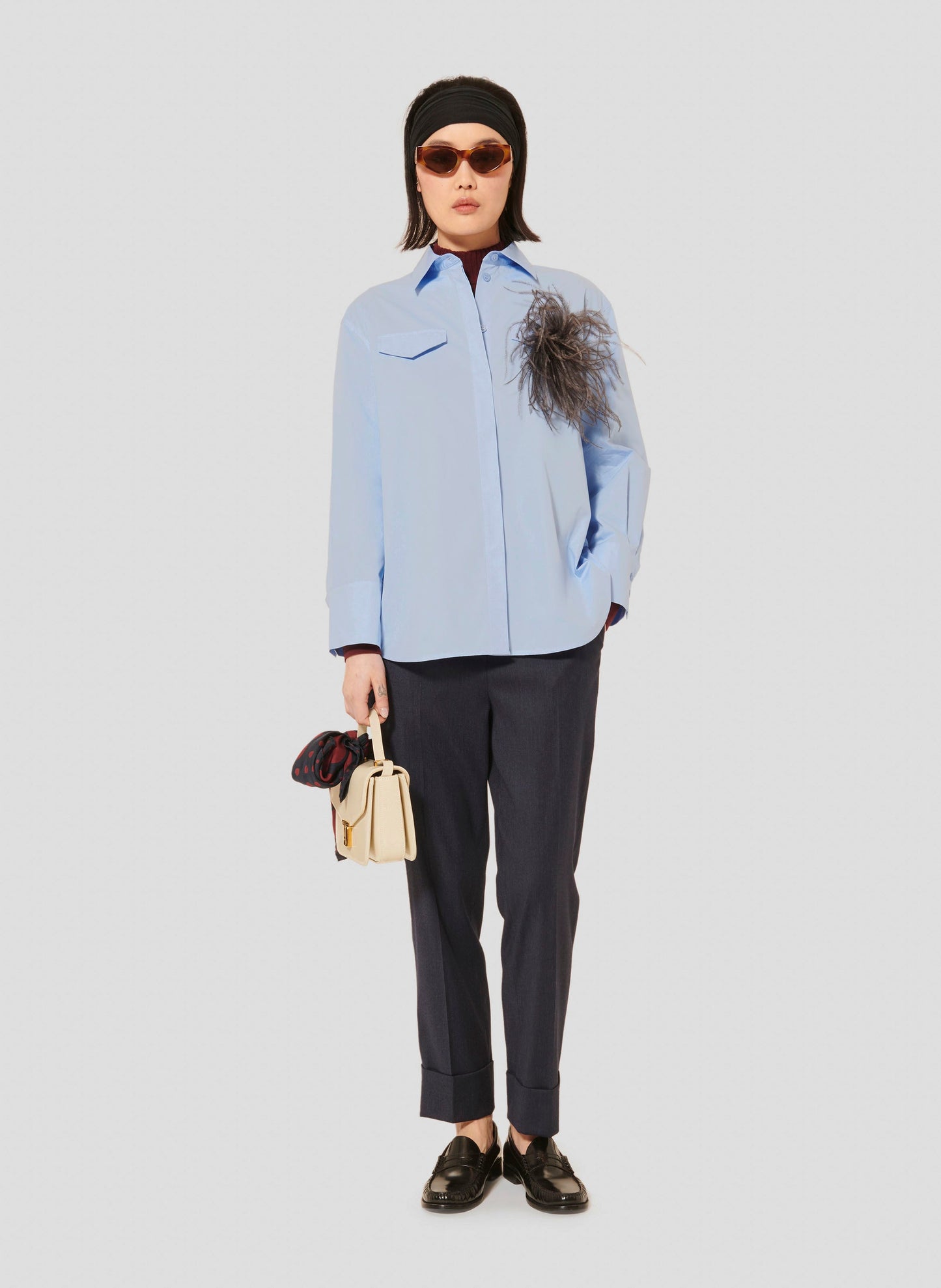 Light Blue Shirt with Navy Straight-cut Pants.