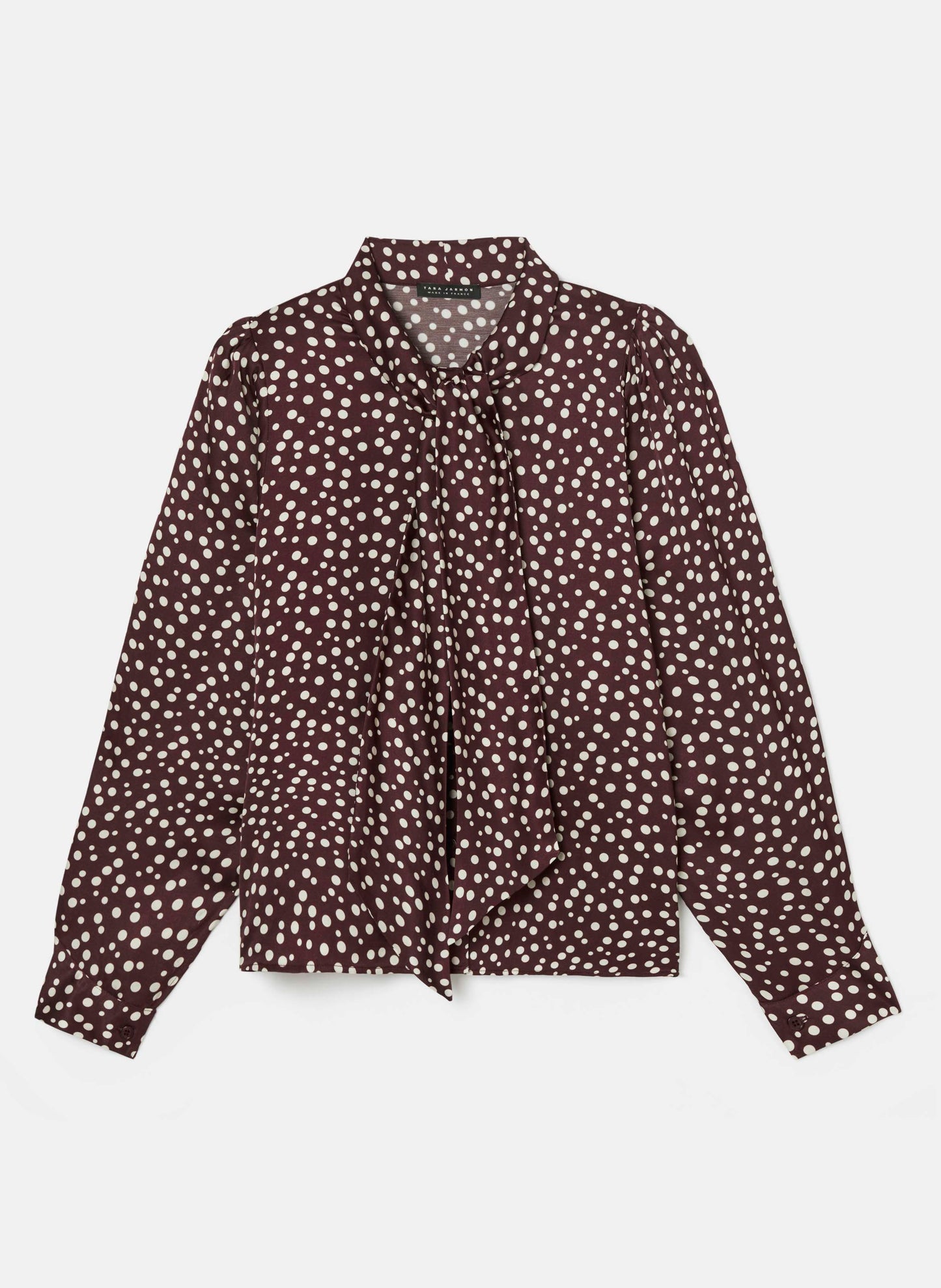 Chocolate brown long sleeves shirt with white polka dots and lavaliere collar.