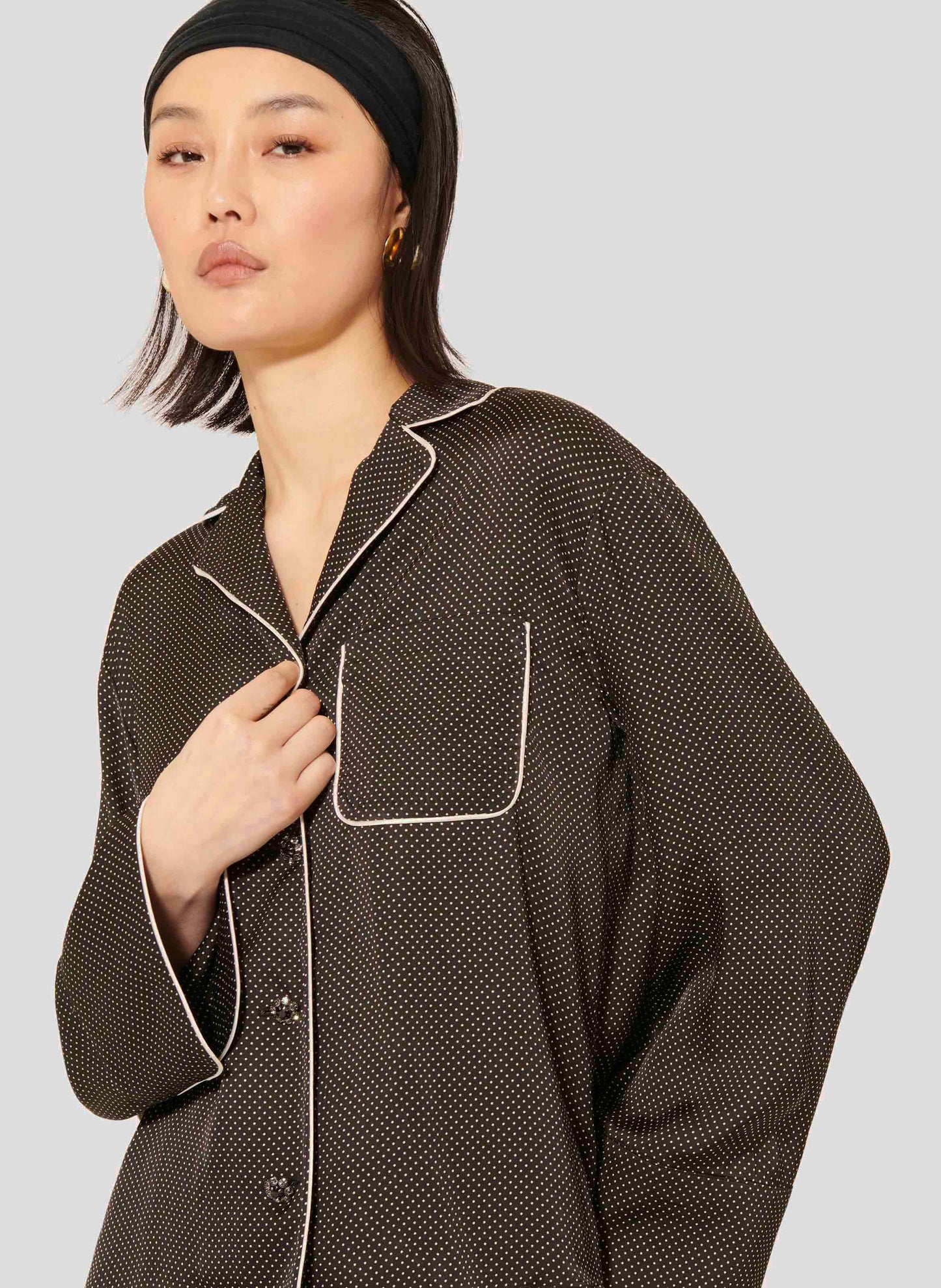 Tara Jarmon black polka dot shirt pajama style.