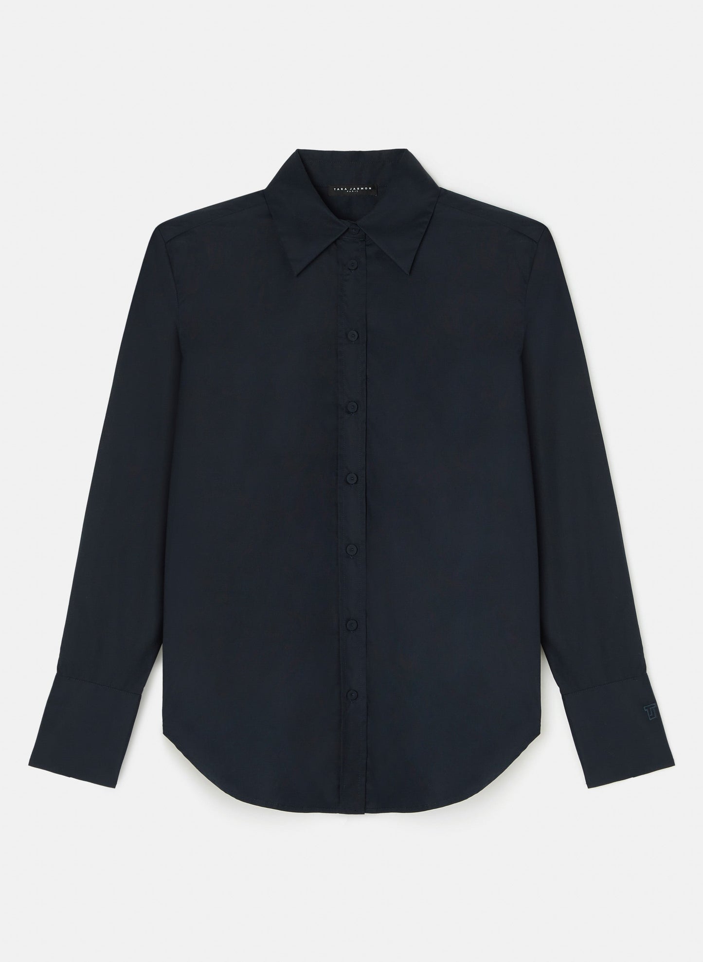 Women's navy cotton poplin long sleeves shirt with buttoned cuffs.