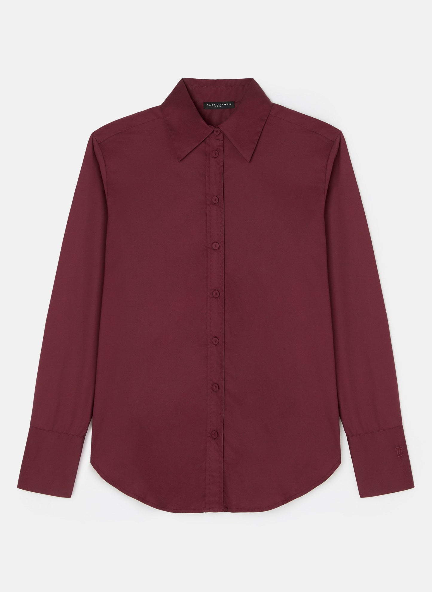 Women's burgundy cotton poplin long sleeves shirt with buttoned cuffs.