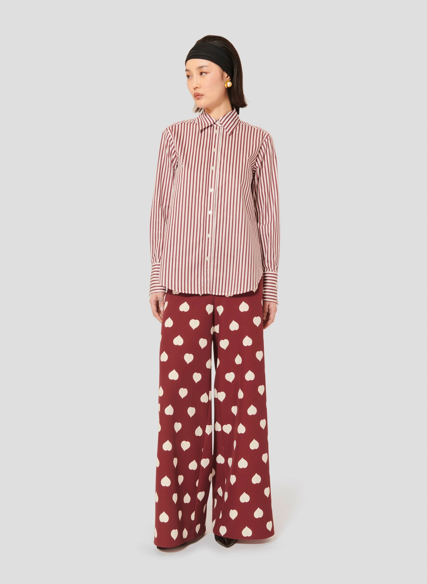 Modern Ecru Shirt with Burgundy Stripes, Buttoned Cuffs and Embroidered Tara Jarmon Logo Matching with Straight Cut Burgundy Pola Dot Pants.