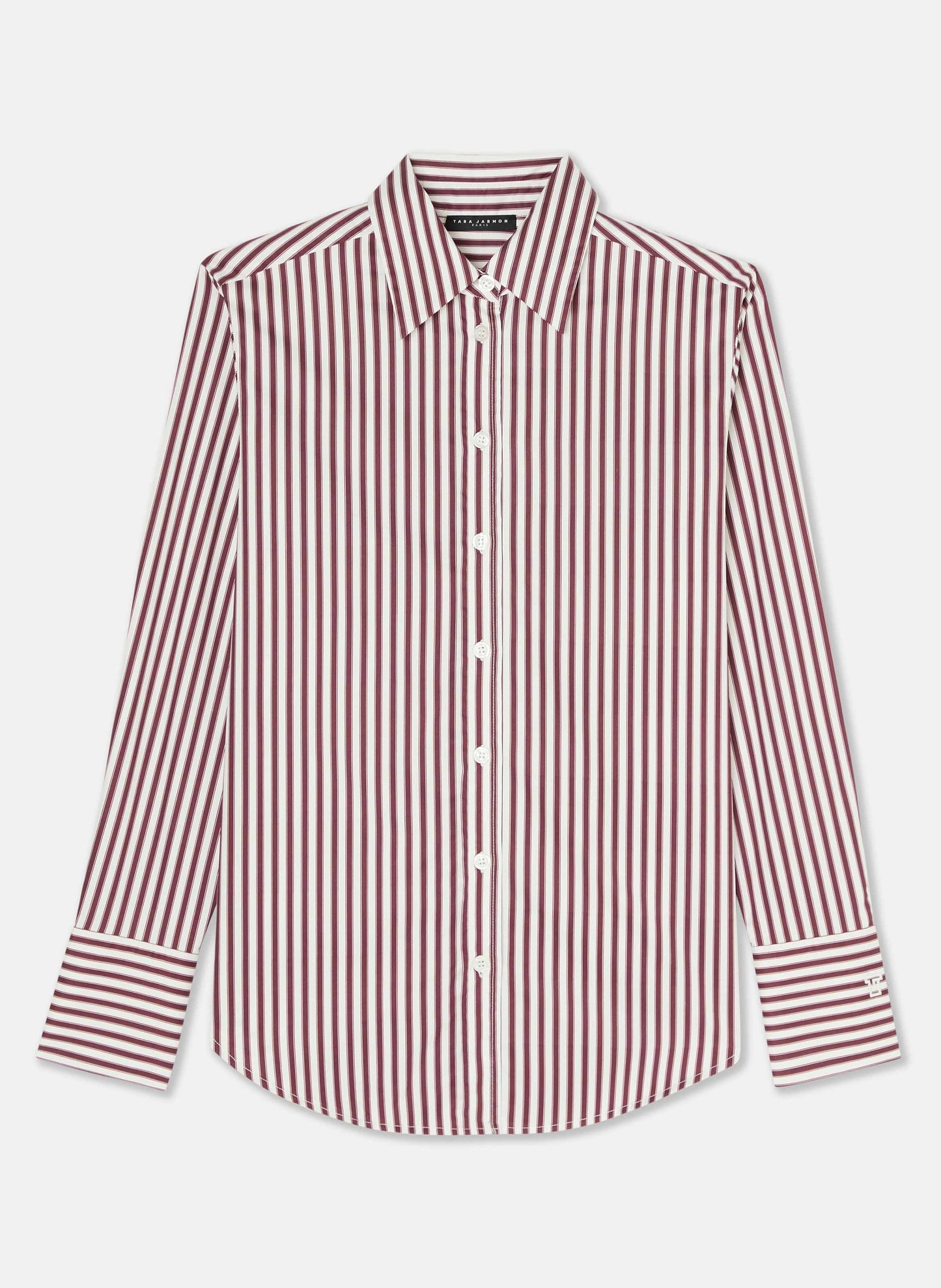 Women's ecru cotton poplin long sleeves shirt with burgundy stripes, buttoned cuffs, and embroidered Tara Jarmon logo.
