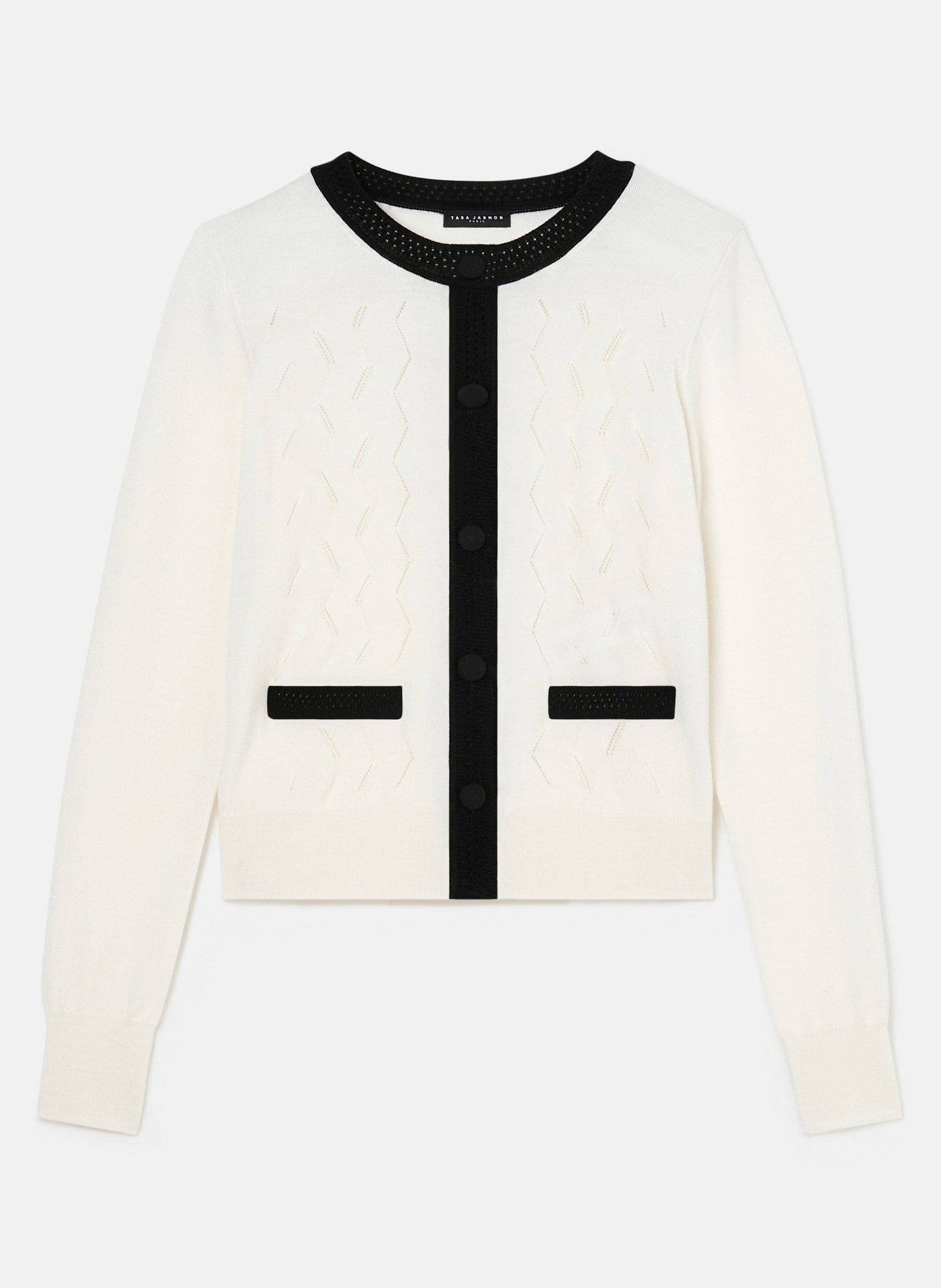 Women's black and ecru cardigan in merino wool.