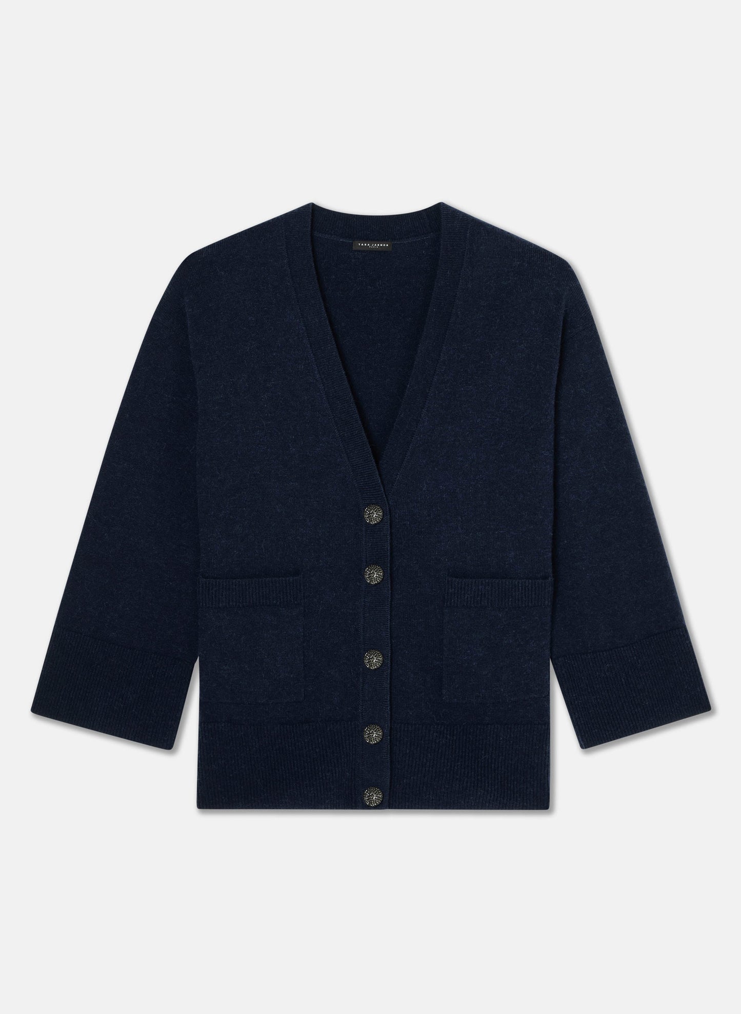 Women's oversized midnight blue cardigan with jeweled buttons.