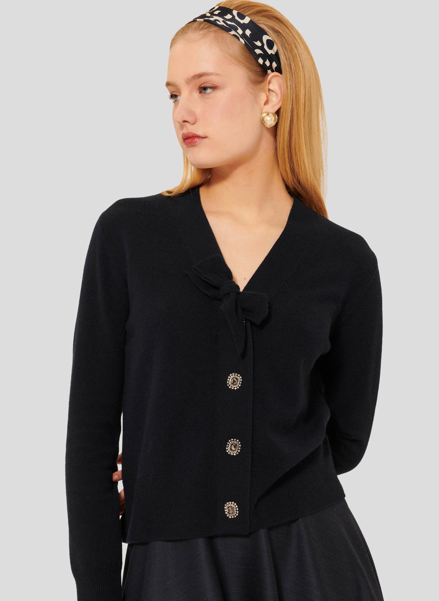 Midnight Blue Sweater with V-Neckline, Rhinestones and Ribbed Detail.