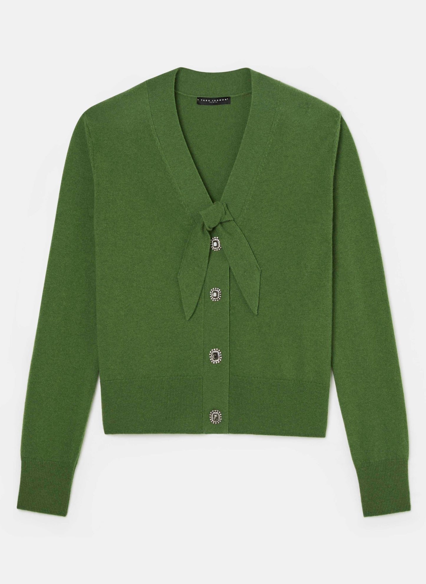 Women's cactus-colored wool sweater with V-neck and long sleeves.