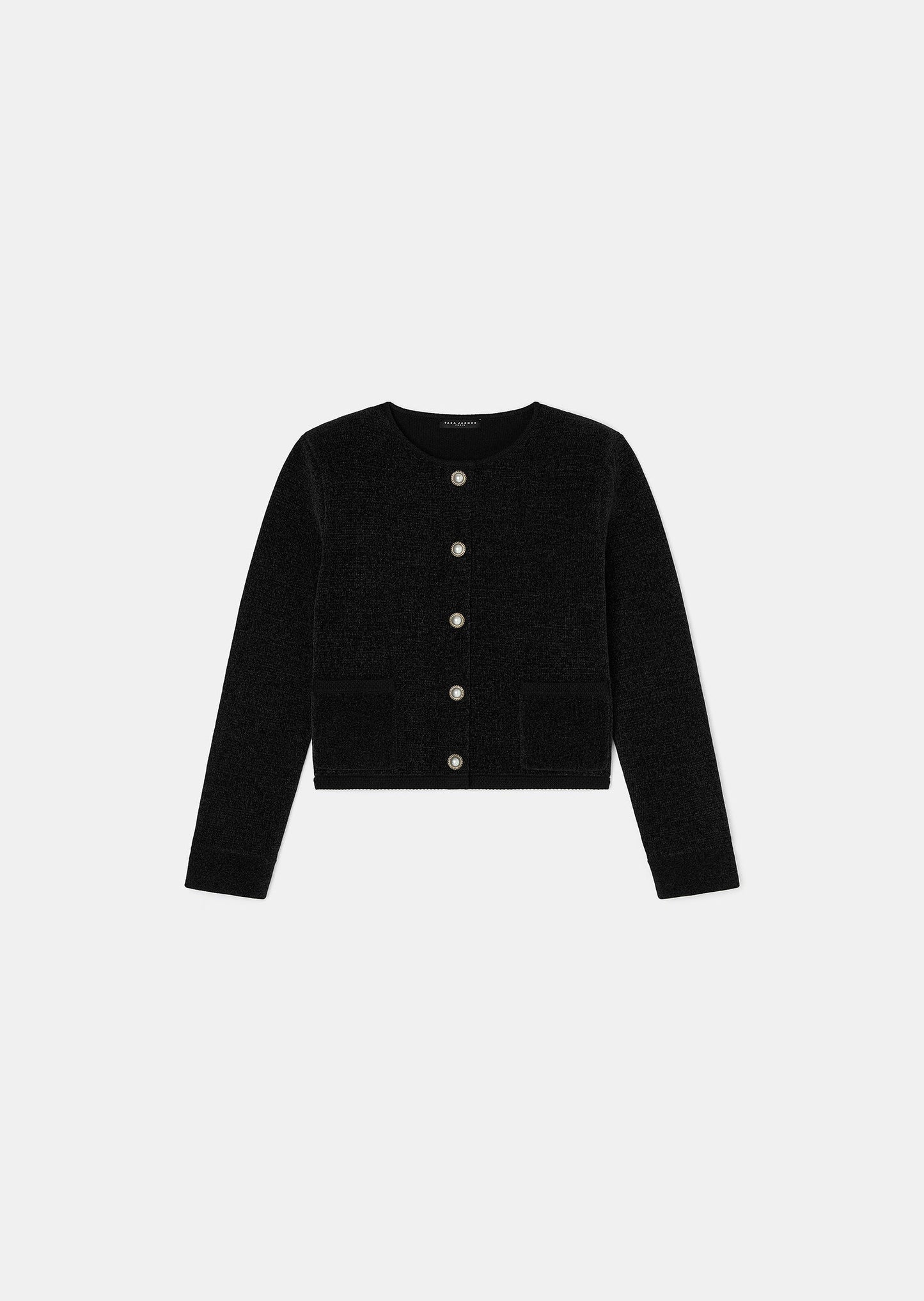 Black cardigan with round collar, long sleeves, buttoned cuffs and a short straight cut.