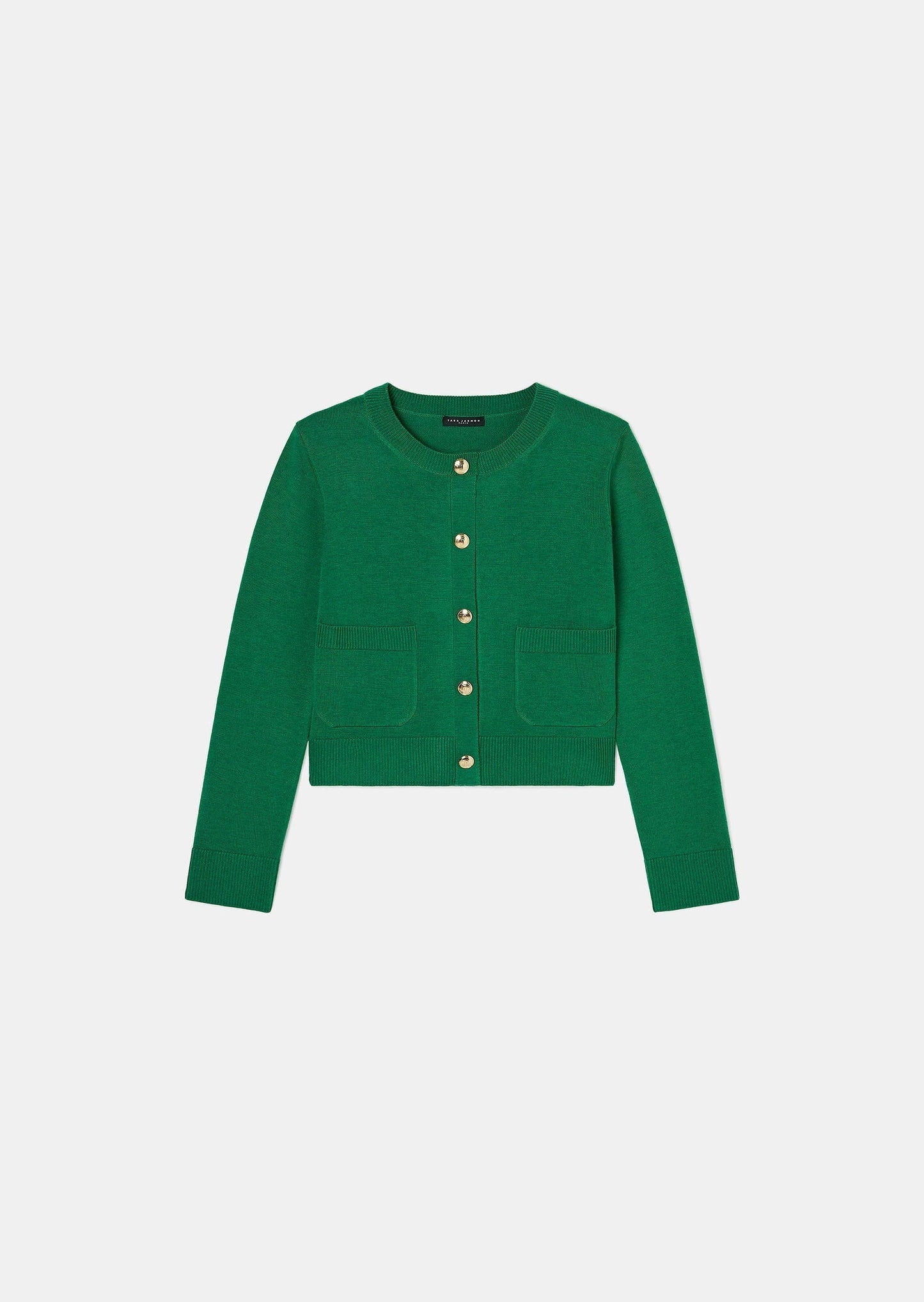 Tara Jarmon green wool cardigan with gold buttons