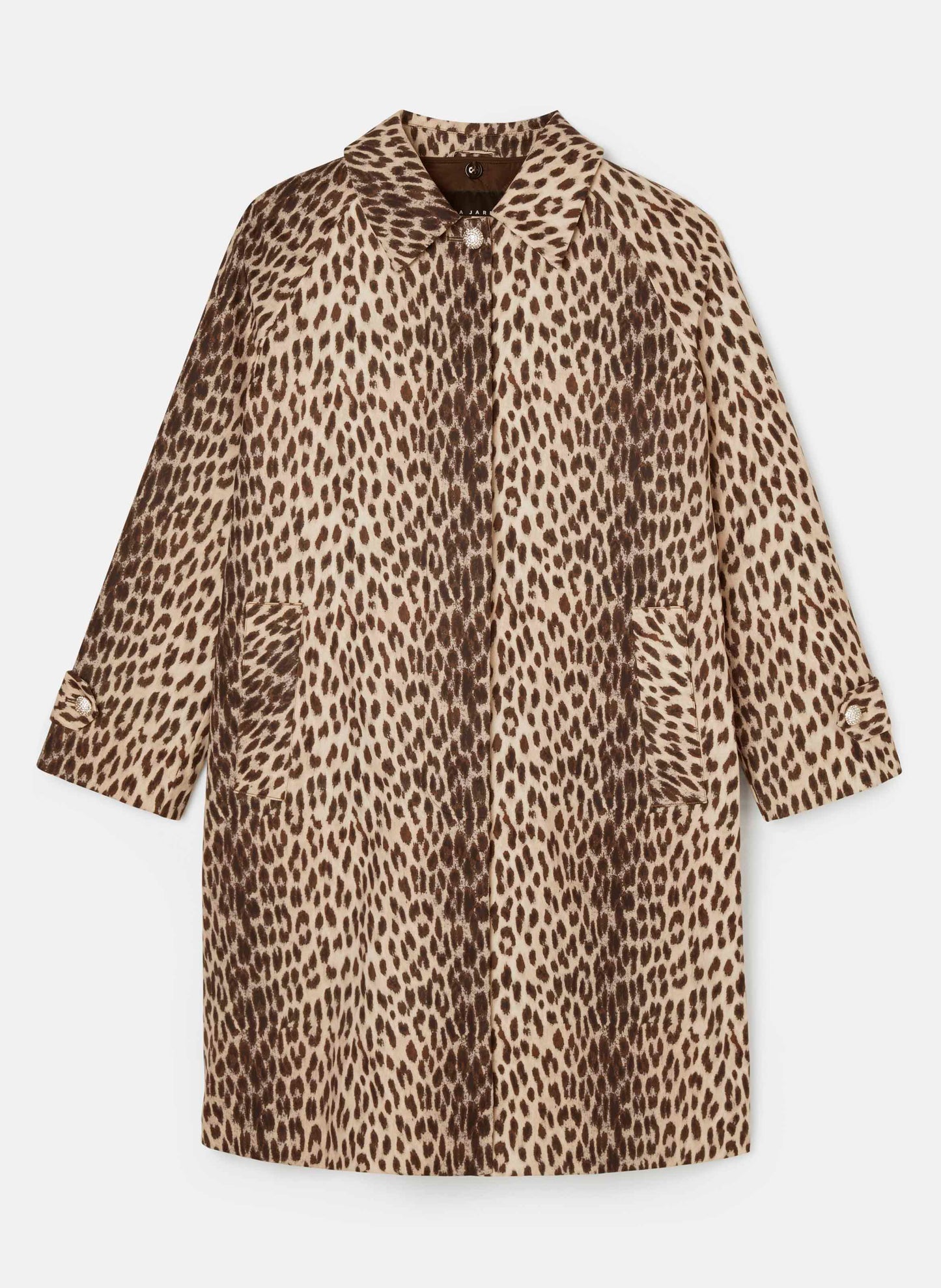 Warm Leopard Print Coat with Side Pockets and Rhinestone Accents.